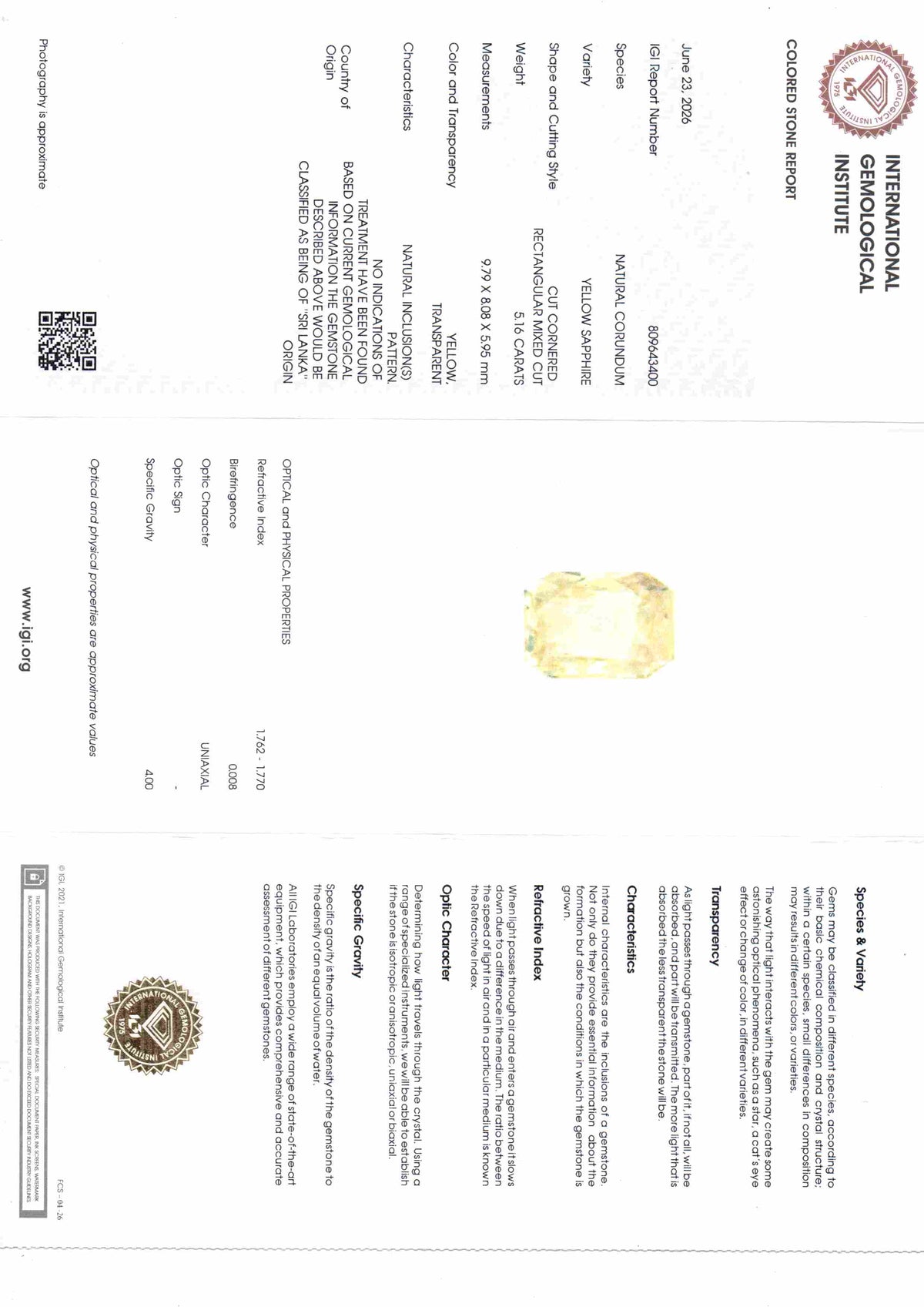 IGI certification report for 5.16 Ct unheated natural Ceylon yellow sapphire from Venus Gems, detailing gemstone specificatio