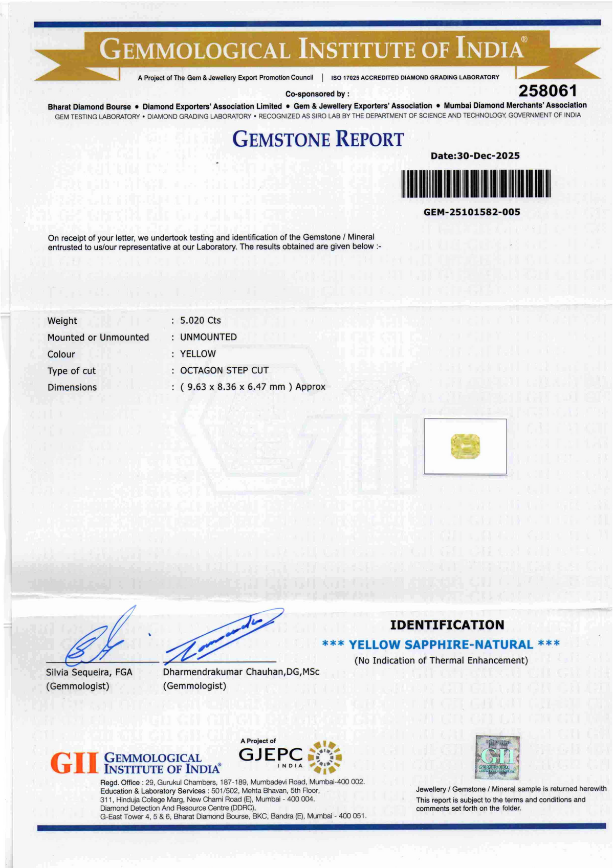 GII certified gemstone report for a 5.02 carat Ceylon yellow sapphire (Pukhraj) stone, detailing specifications and authentic