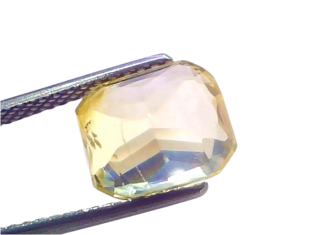 5.74 Ct IGI Certified Unheated Natural Ceylon Yellow Sapphire Pukhraj, octagonal cut, showcasing vibrant yellow hues.