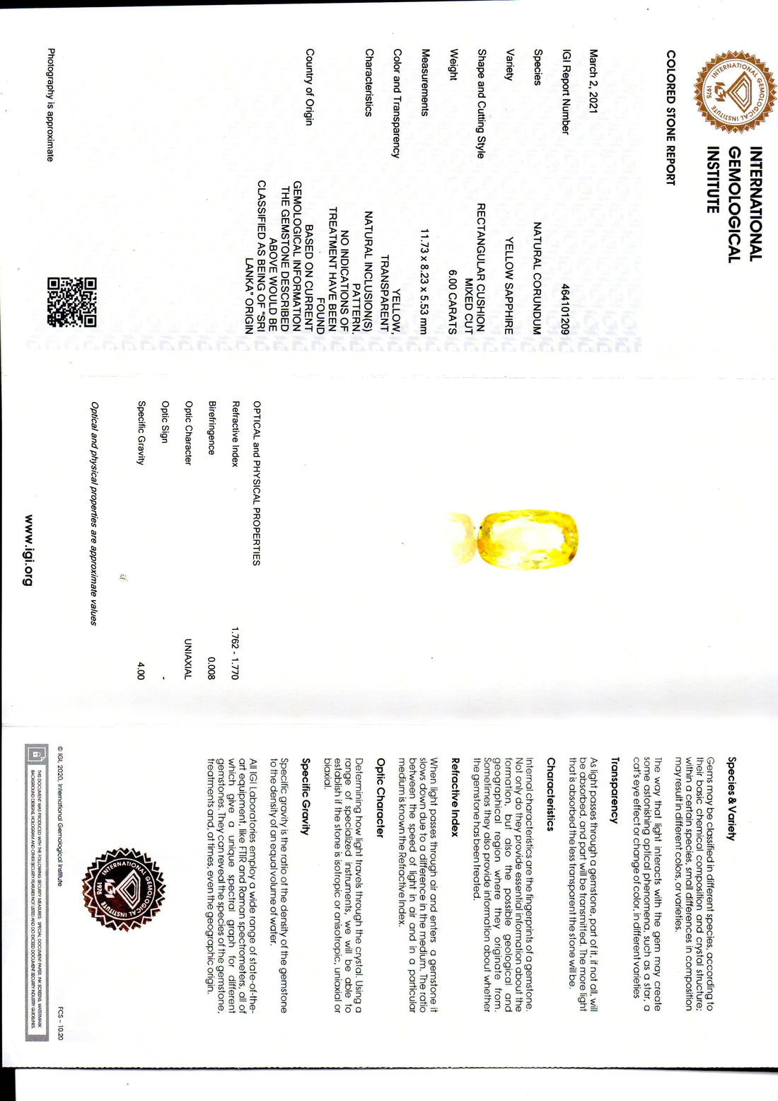 6.00 Ct IGI Certified Unheated Untreated Natural Ceylon Yellow Sapphire