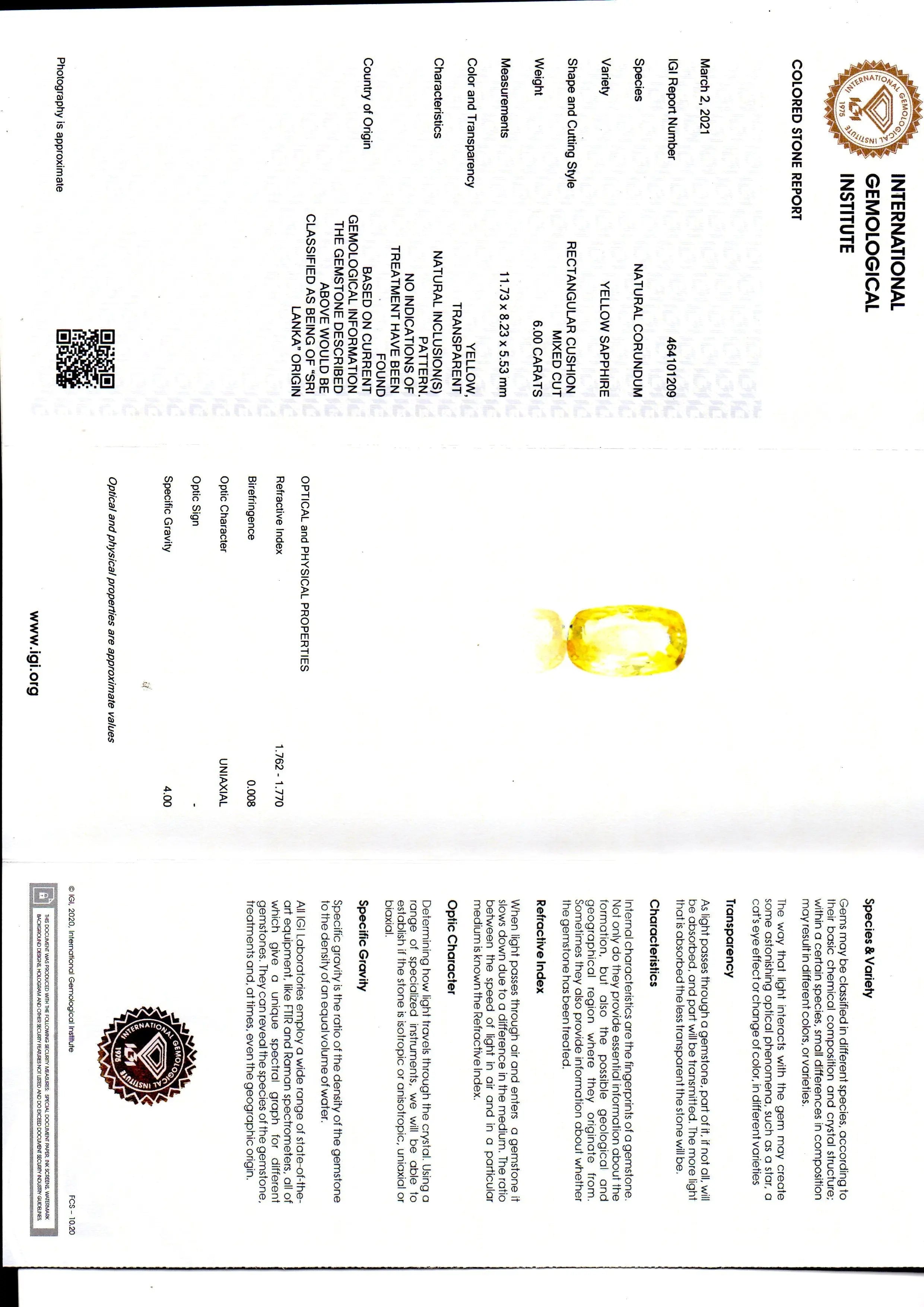 6.00 Ct IGI Certified Unheated Untreated Natural Ceylon Yellow Sapphire
