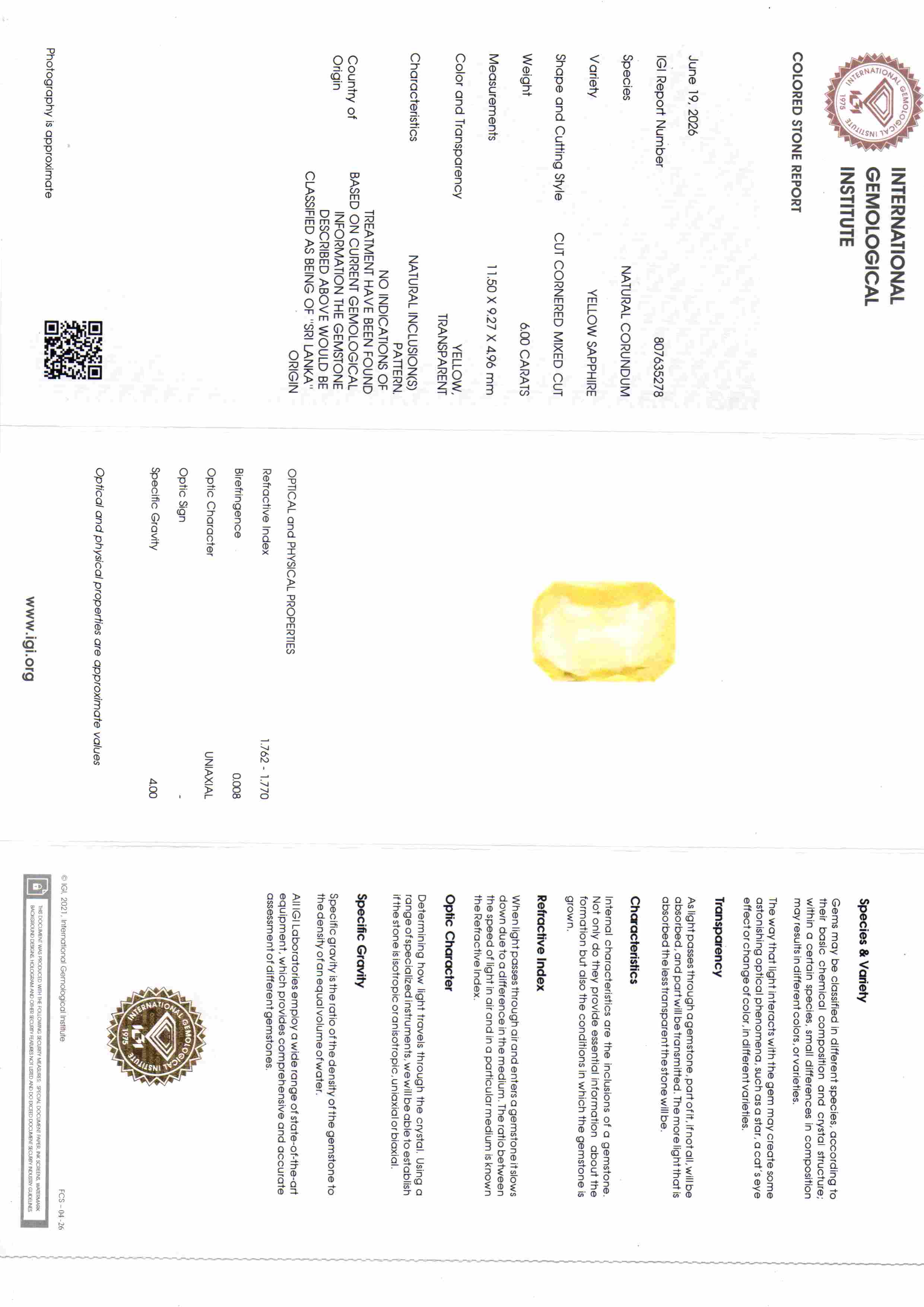 6.00 Ct IGI Certified Unheated Natural Ceylon Yellow Sapphire Pukhraj – 6.59 Ratti