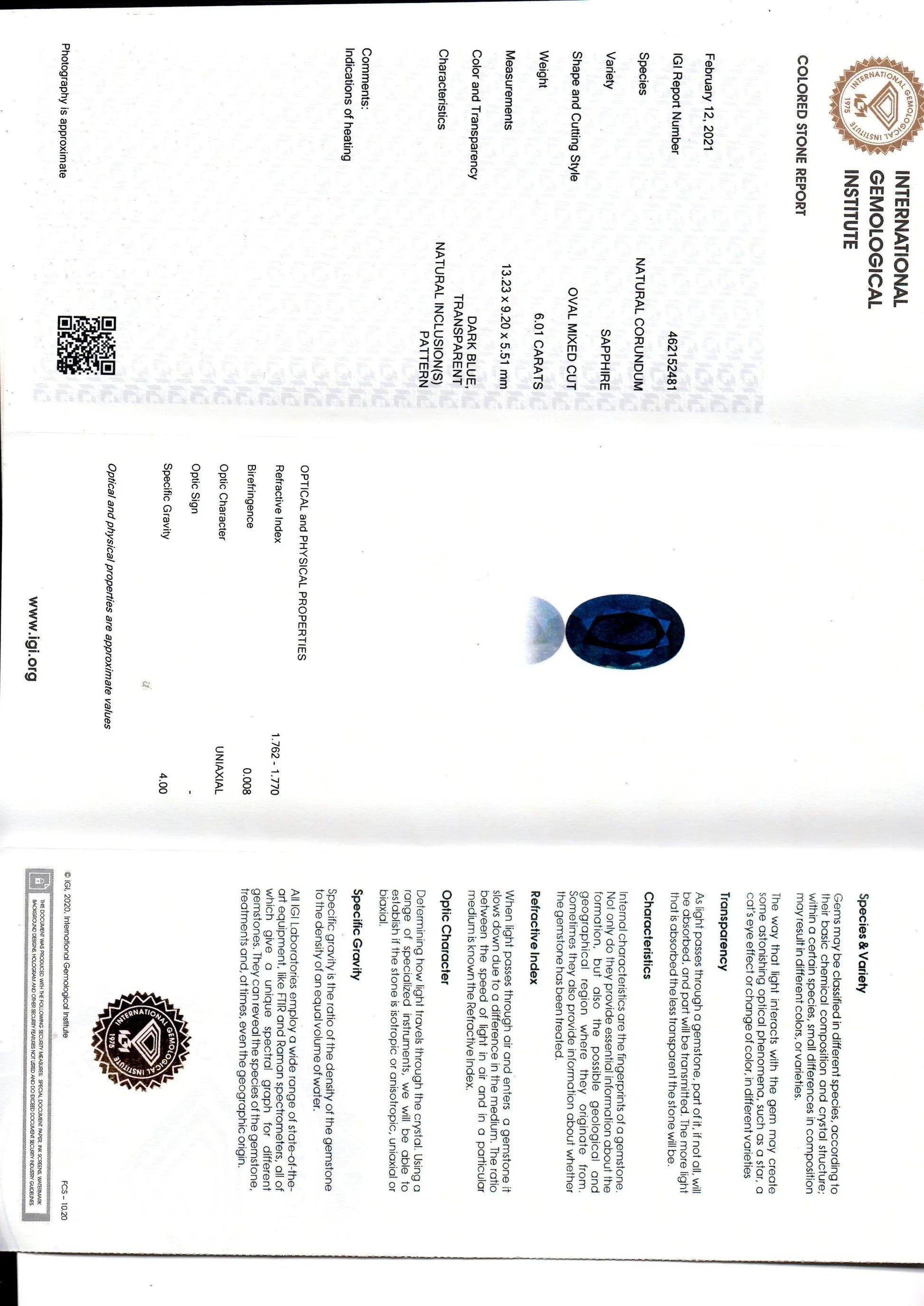 6.01 Ct IGI Certified Untreated Natural Ceylon Deep Blue Sapphire - Venus Gems