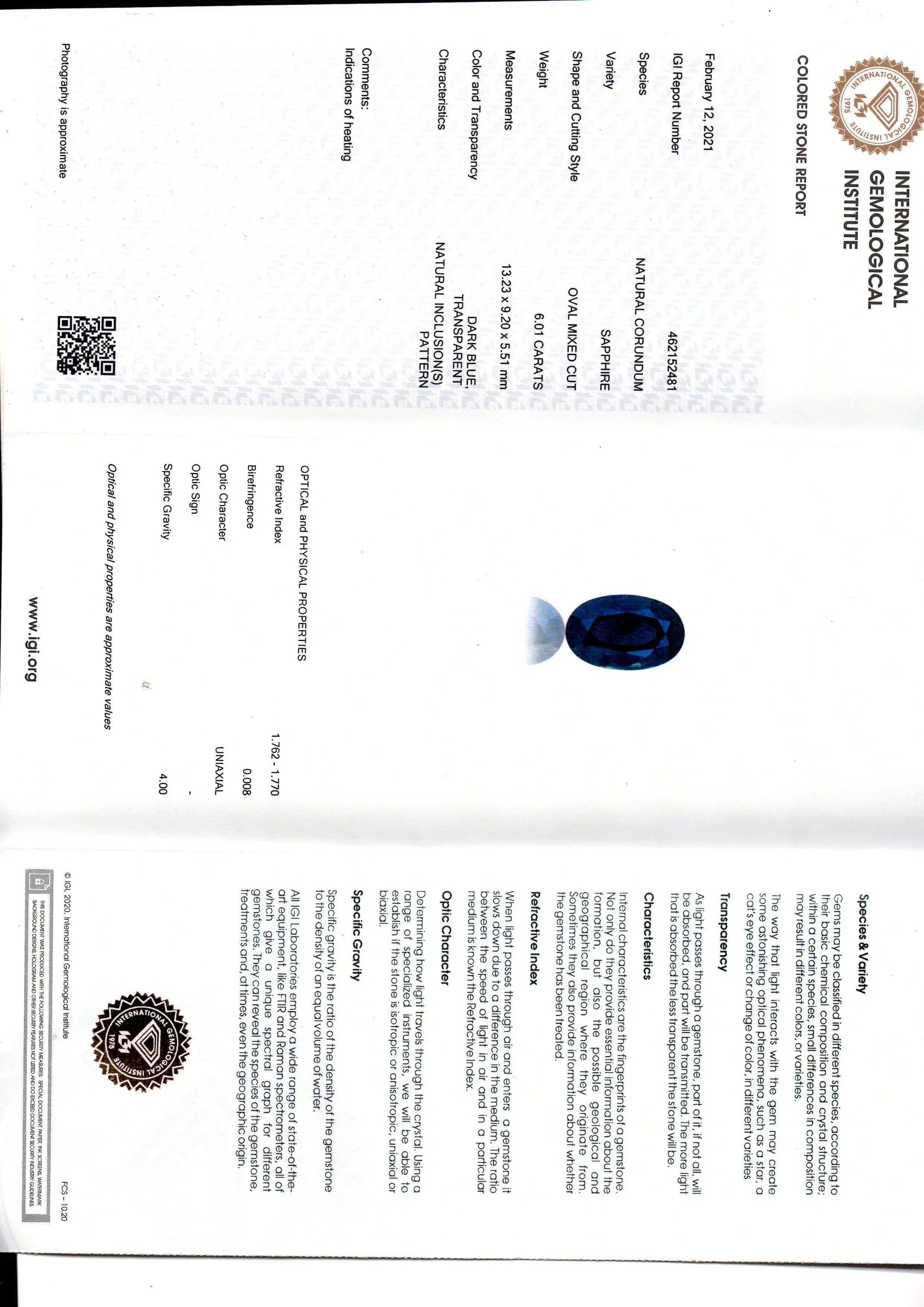 6.01 Ct IGI Certified Untreated Natural Ceylon Deep Blue Sapphire - Venus Gems