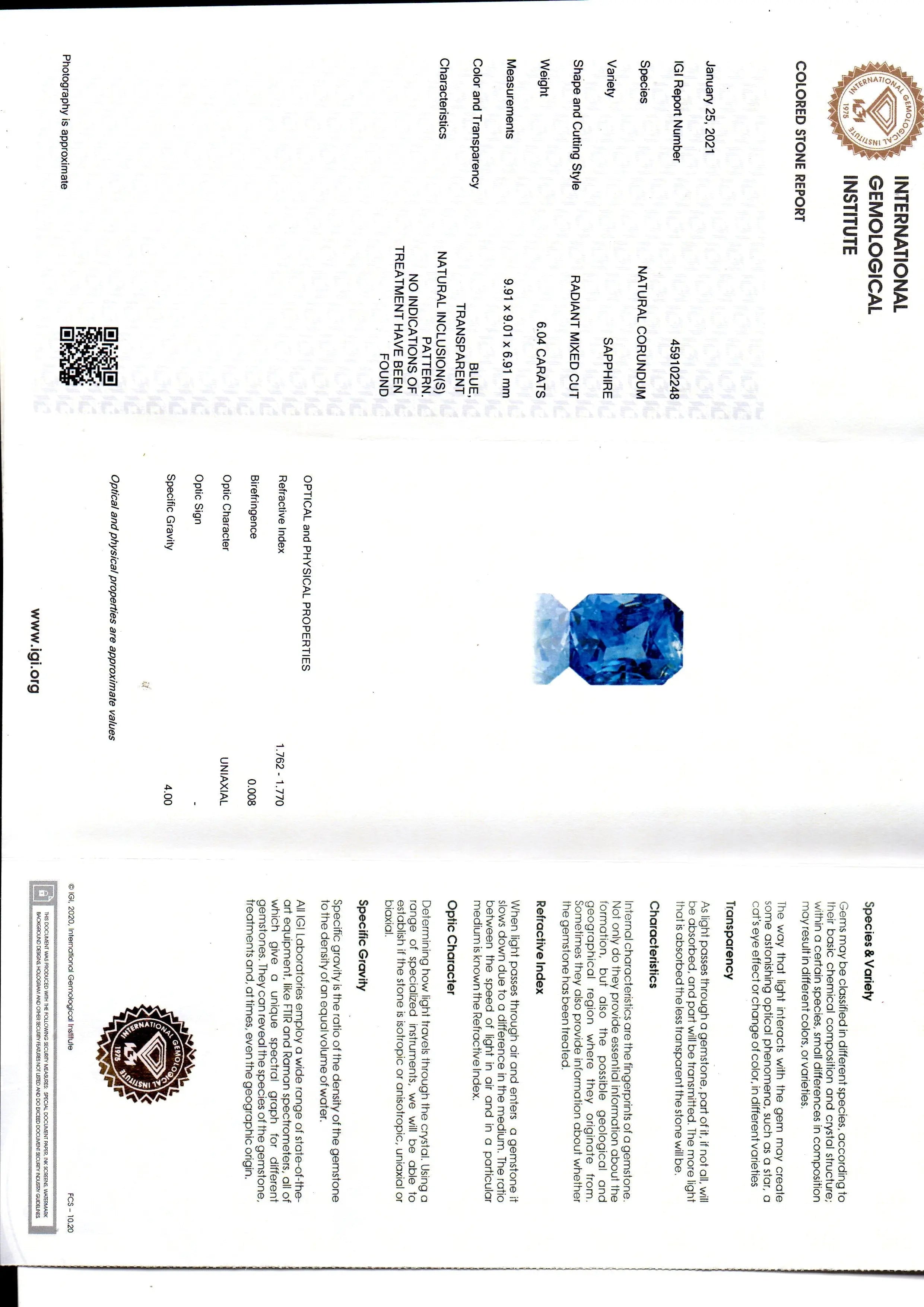 6.04 Ct IGI Certified Unheated Untreated Natural Ceylon Blue Sapphire AAA