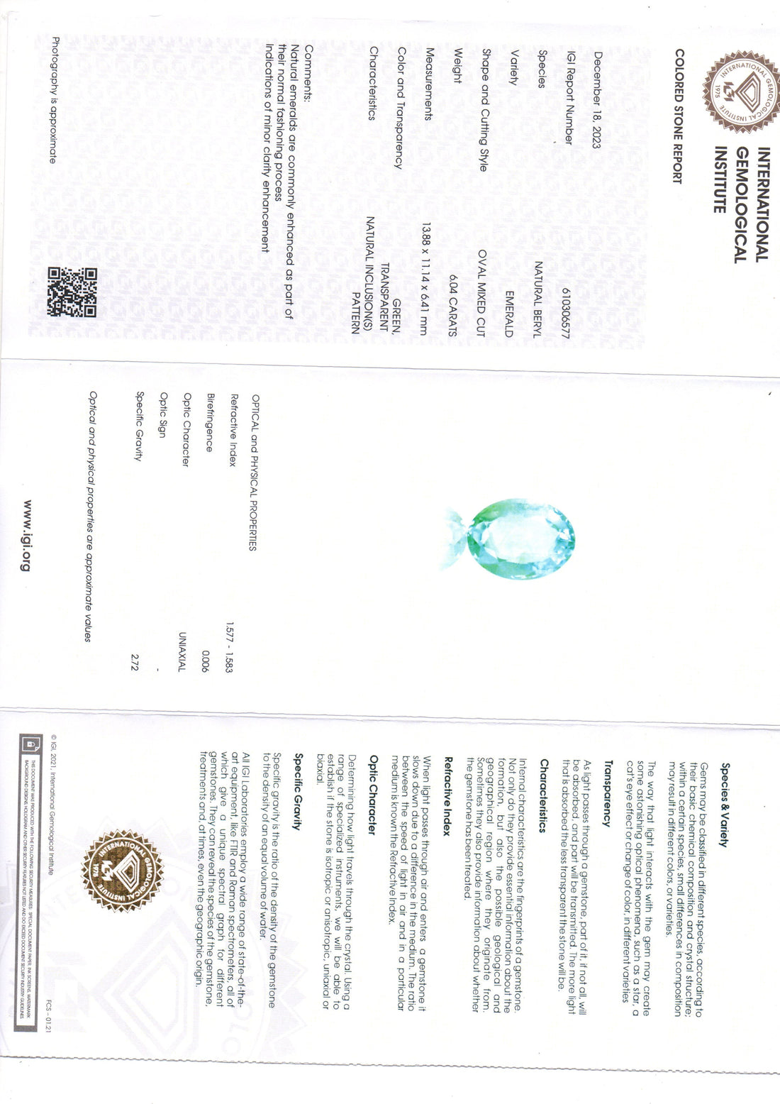 6.04 Ct IGI Certified Untreated Natural Colombian Emerald Panna Gems