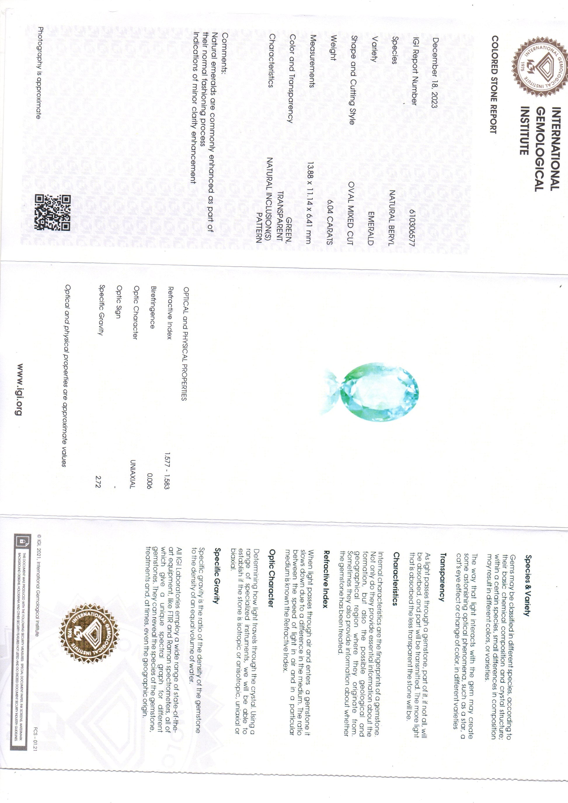 6.04 Ct IGI Certified Untreated Natural Colombian Emerald Panna Gems