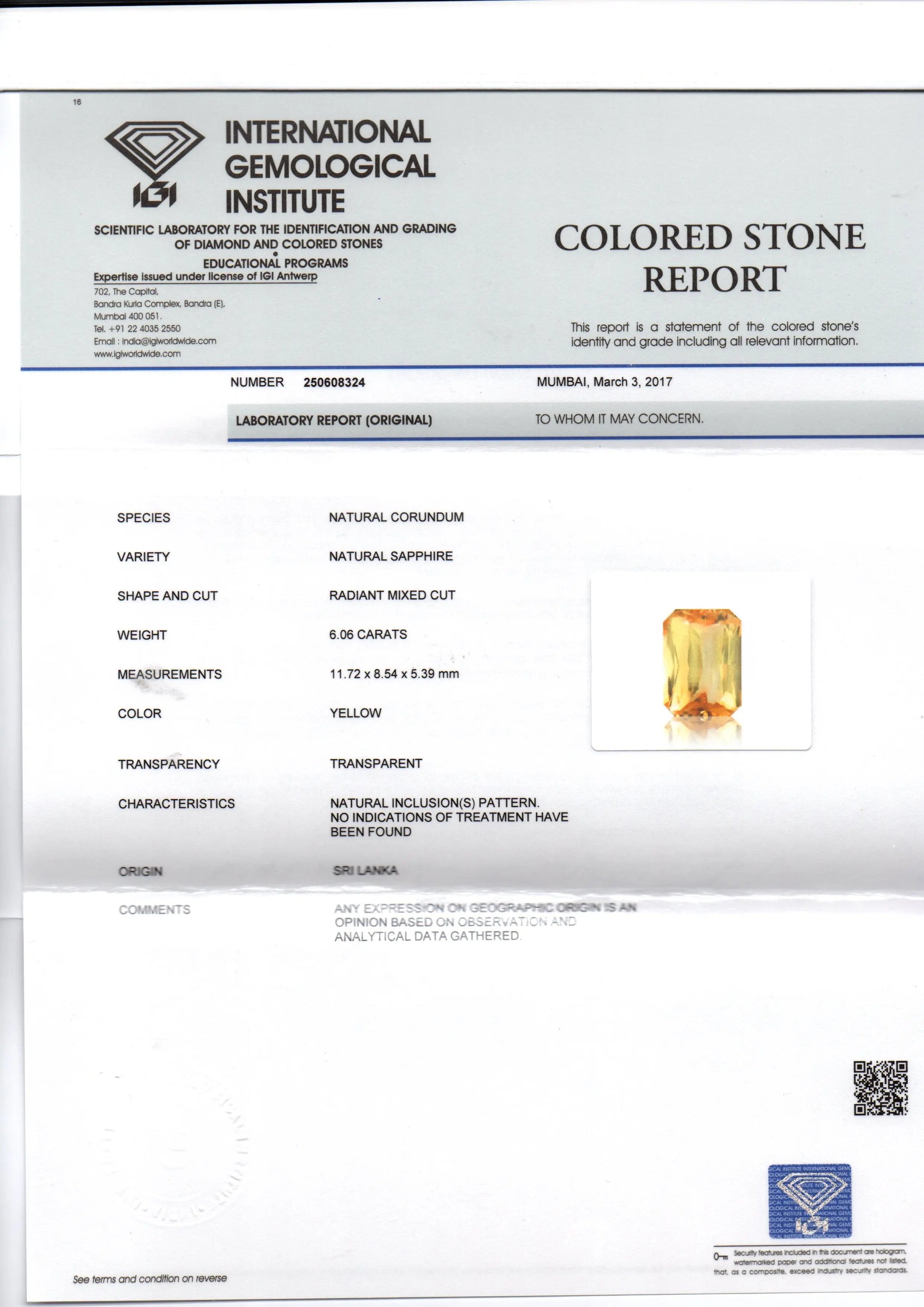 6.06 Ct IGI Certified Unheated Untreated Natural Ceylon Yellow Sapphire