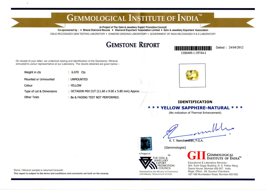 6.07 Ct TopGrade Topcolor TopCut Unheated Ceylon Yellow Sapphire