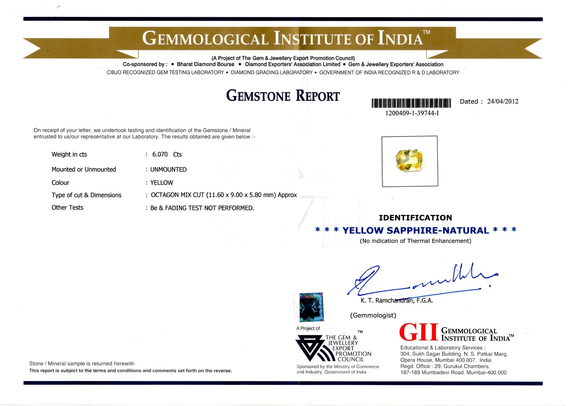 6.07 Ct TopGrade Topcolor TopCut Unheated Ceylon Yellow Sapphire