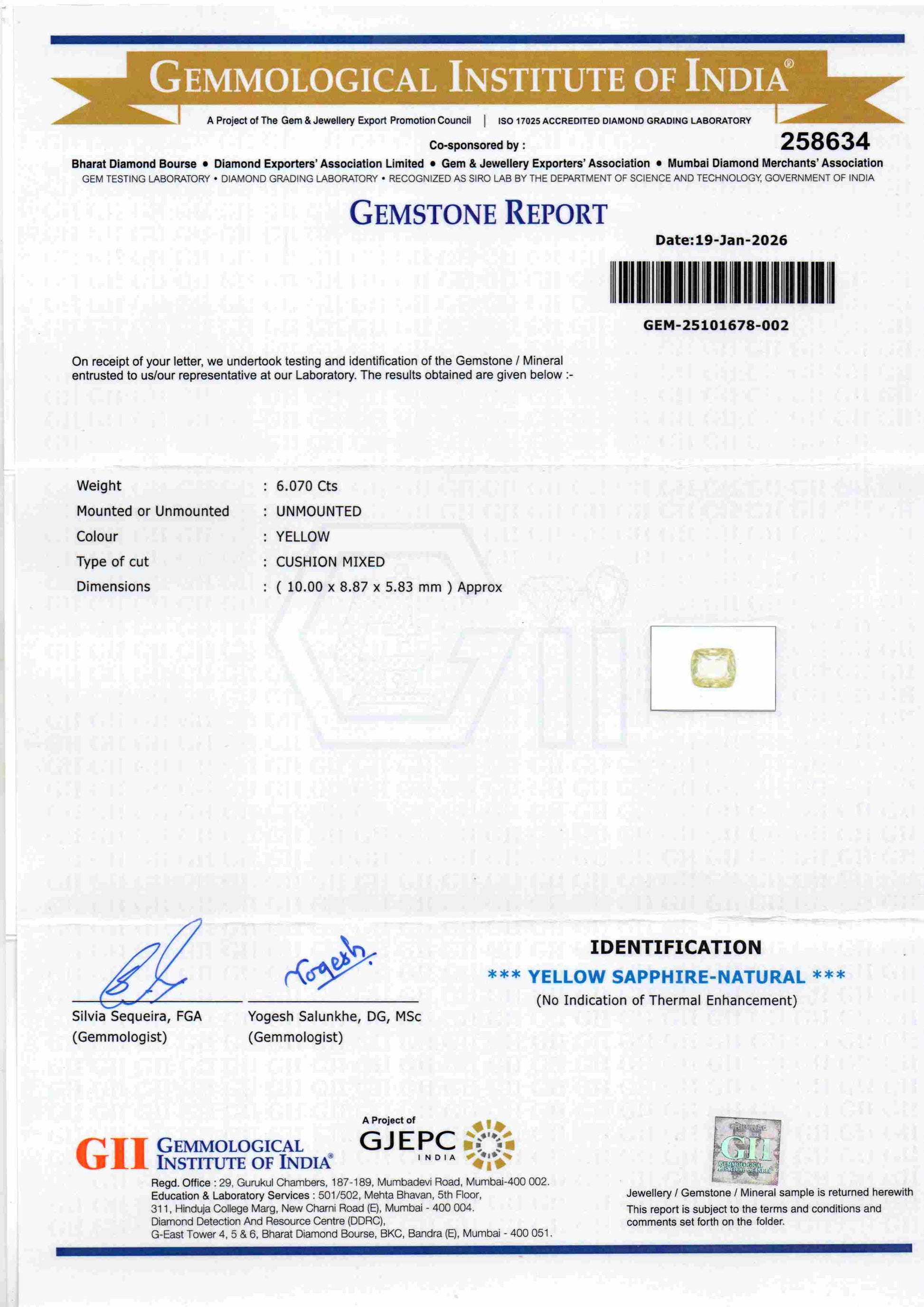 GII certified gemstone report for a 6.07 carat Ceylon natural yellow sapphire (Pukhraj) with details on weight and cut.