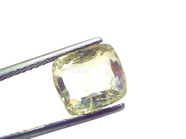 6.07 carat GII certified Ceylon natural yellow sapphire Pukhraj, cushion-cut, held between tweezers, showcasing its clarity a