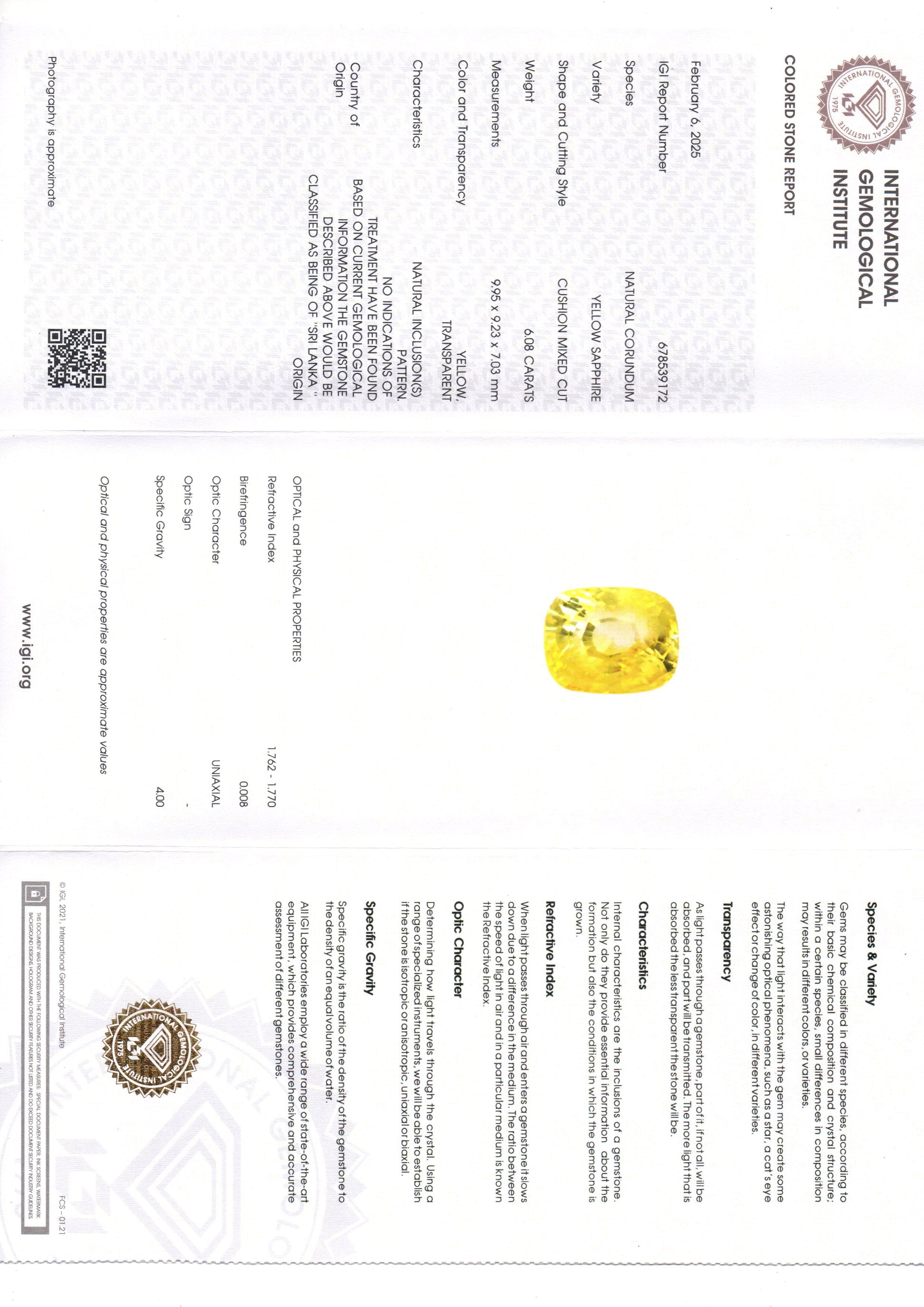 6.08 Ct IGI Certified Unheated Untreated Natural Ceylon Yellow Sapphire