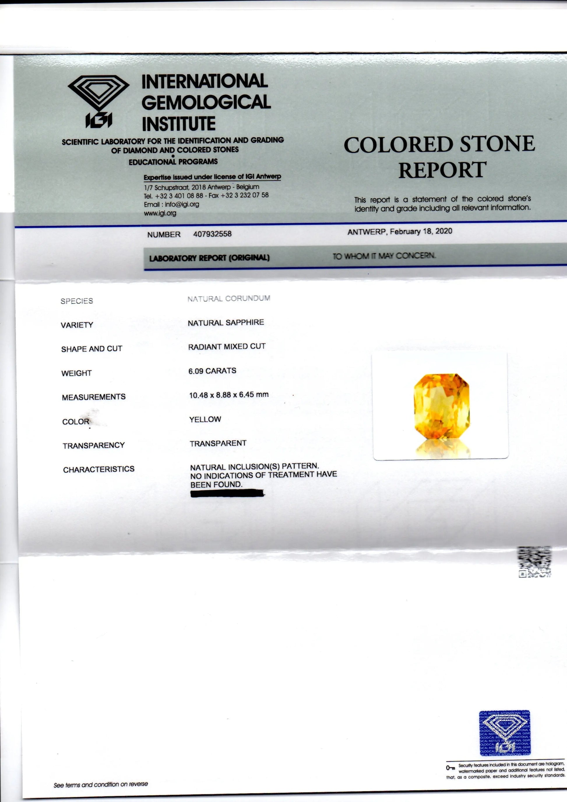 6.09 Ct IGI Certified Unheated Untreated Natural Ceylon Yellow Sapphire