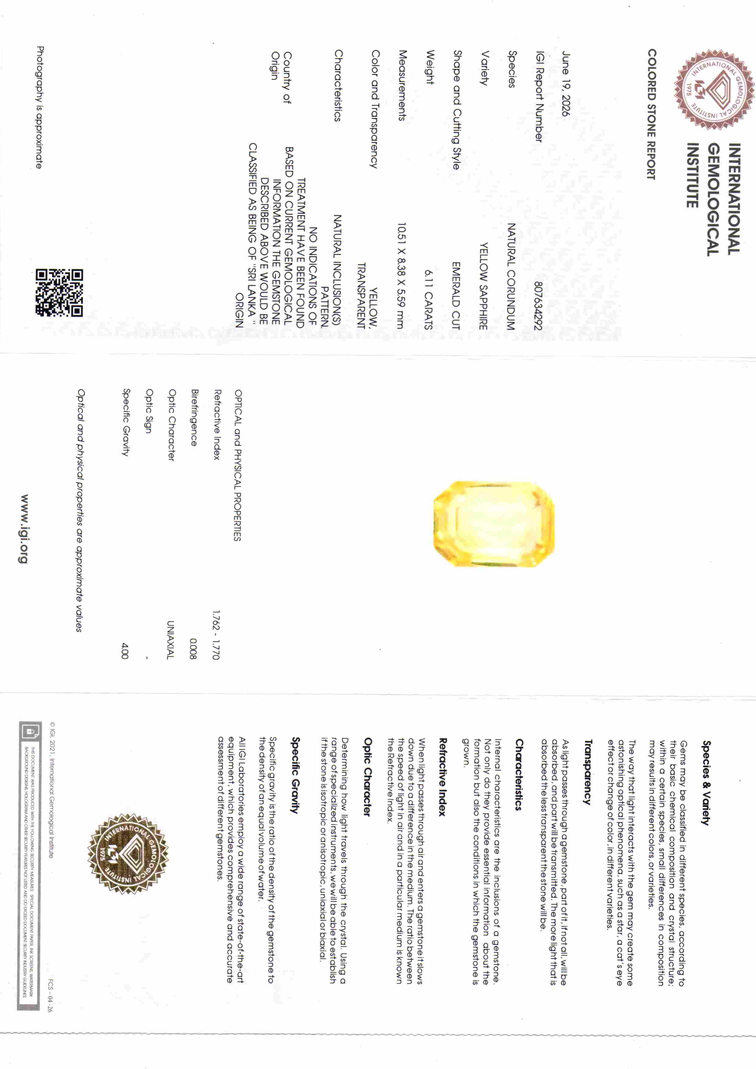 6.11 Ct IGI Certified Unheated Natural Ceylon Yellow Sapphire Pukhraj – 6.71 Ratti