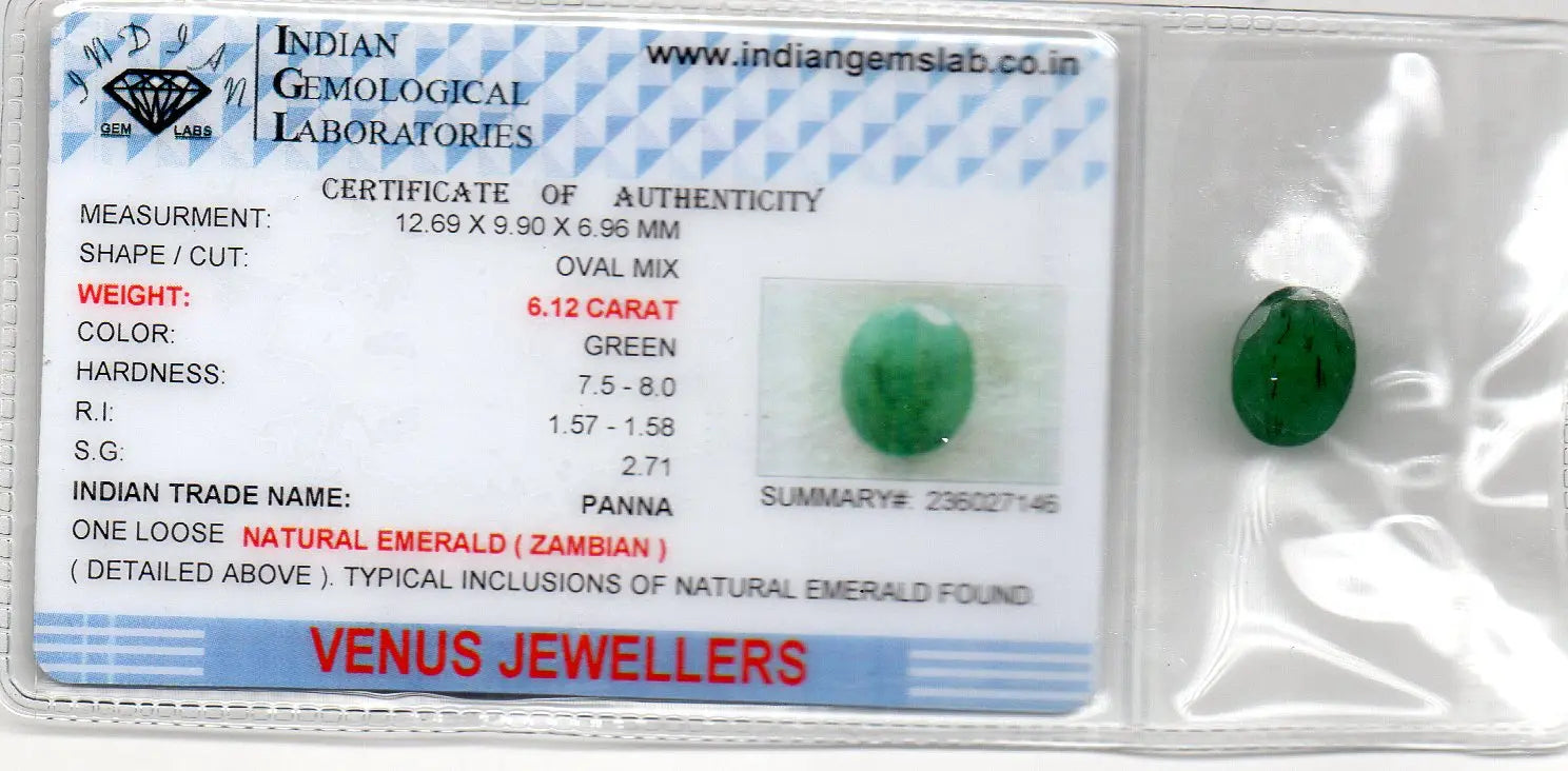 6.12 Ct Certified Untreated Natural Zambian Emerald Panna Gemstone