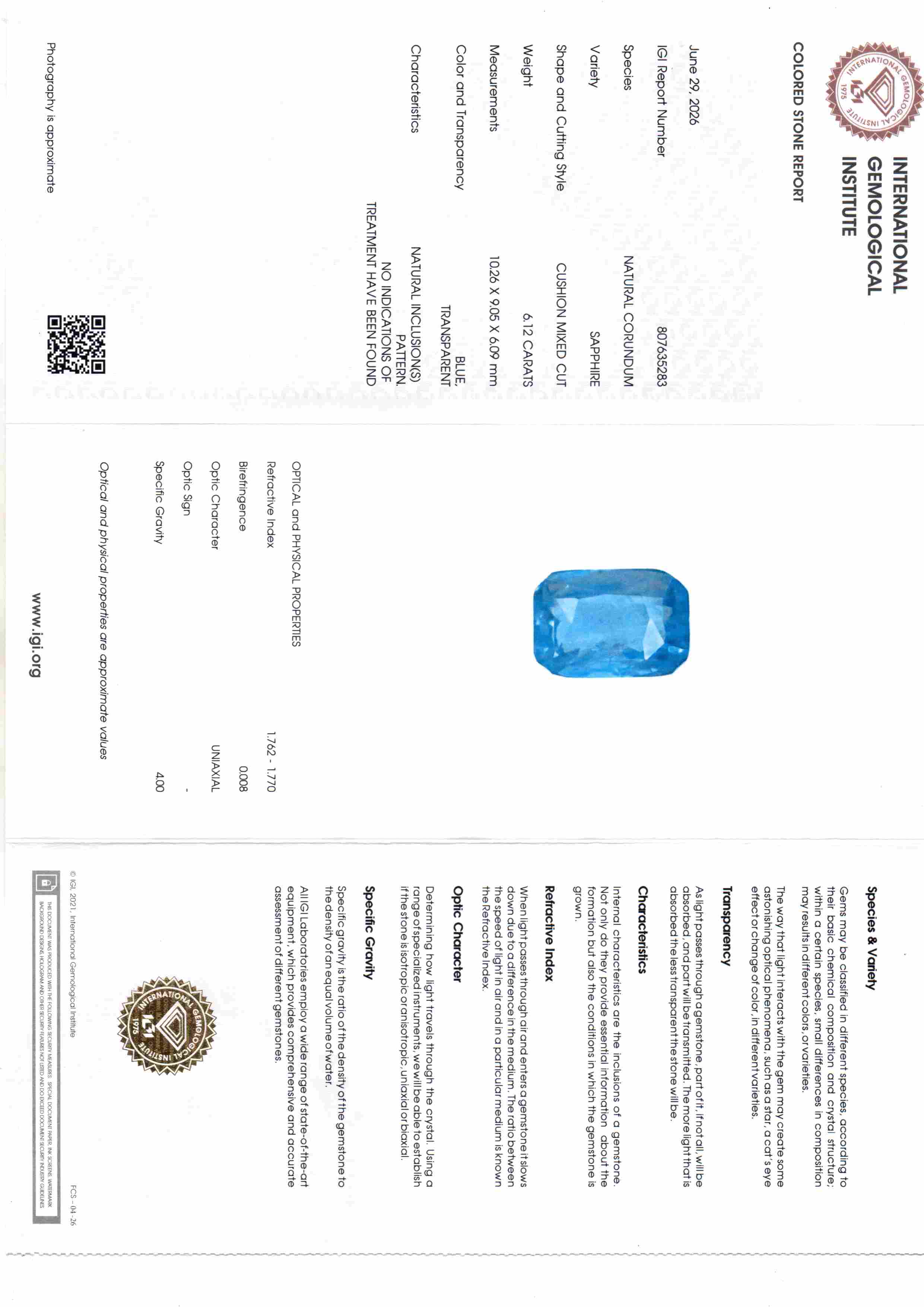 6.12 Carat IGI Certified Unheated Natural Ceylon Blue Sapphire Neelam – 6.72 Ratti