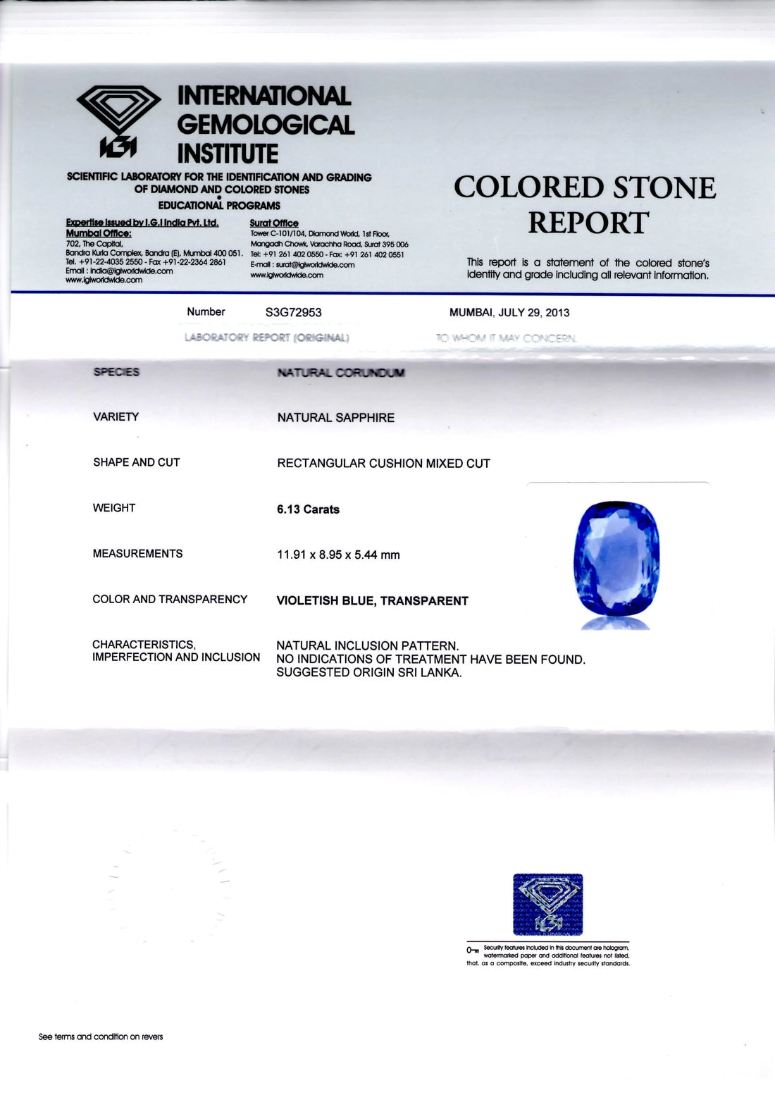 6.13 Ct IGI Certified Unheated Untreated Natural Ceylon Blue Sapphire