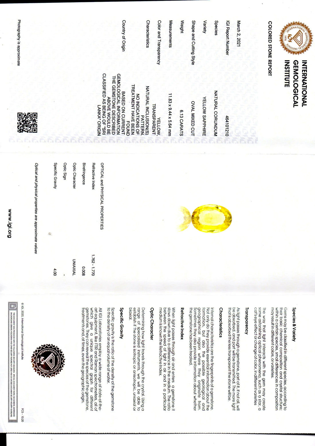 6.13 Ct IGI Certified Unheated Untreated Natural Ceylon Yellow Sapphire