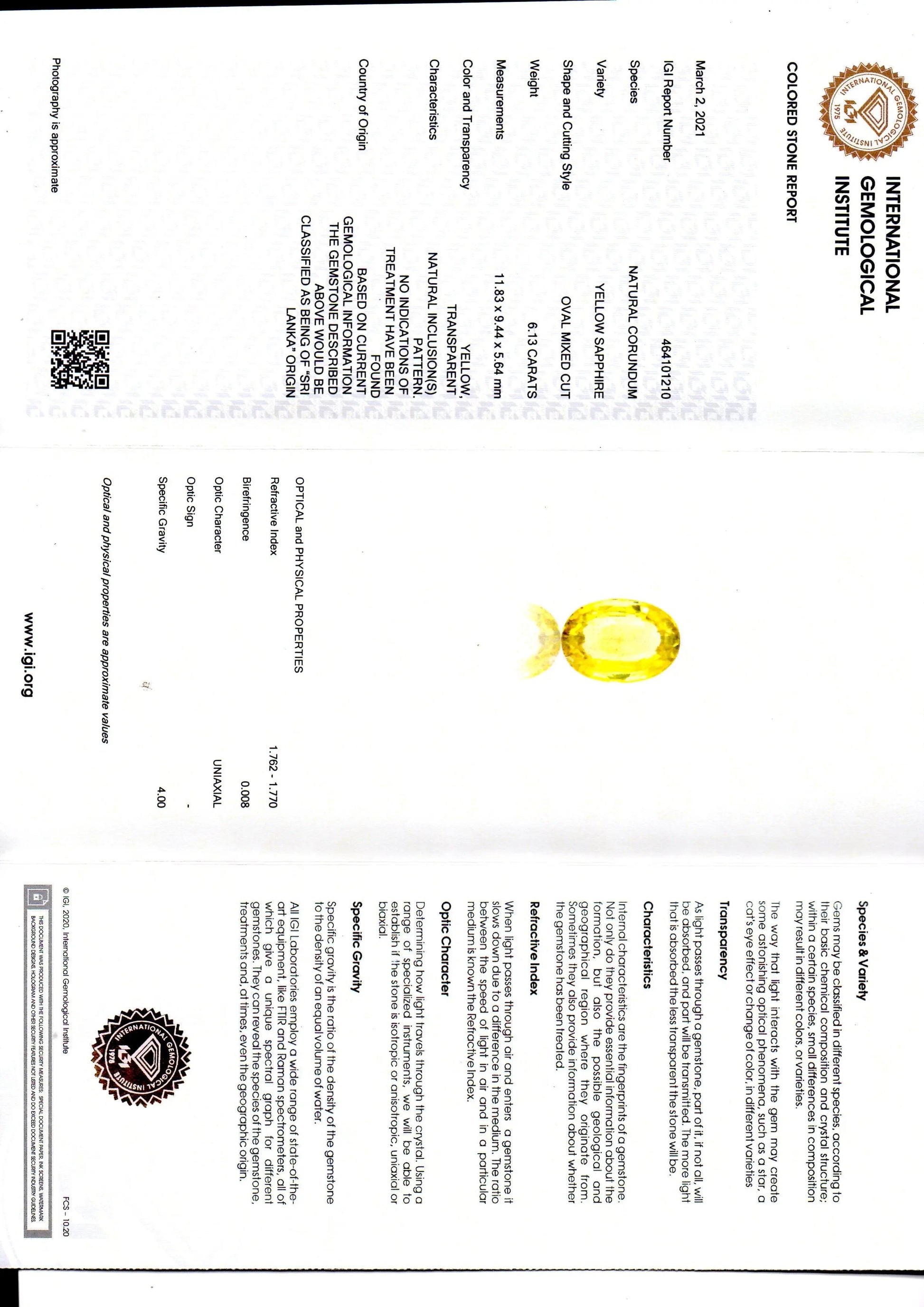 6.13 Ct IGI Certified Unheated Untreated Natural Ceylon Yellow Sapphire