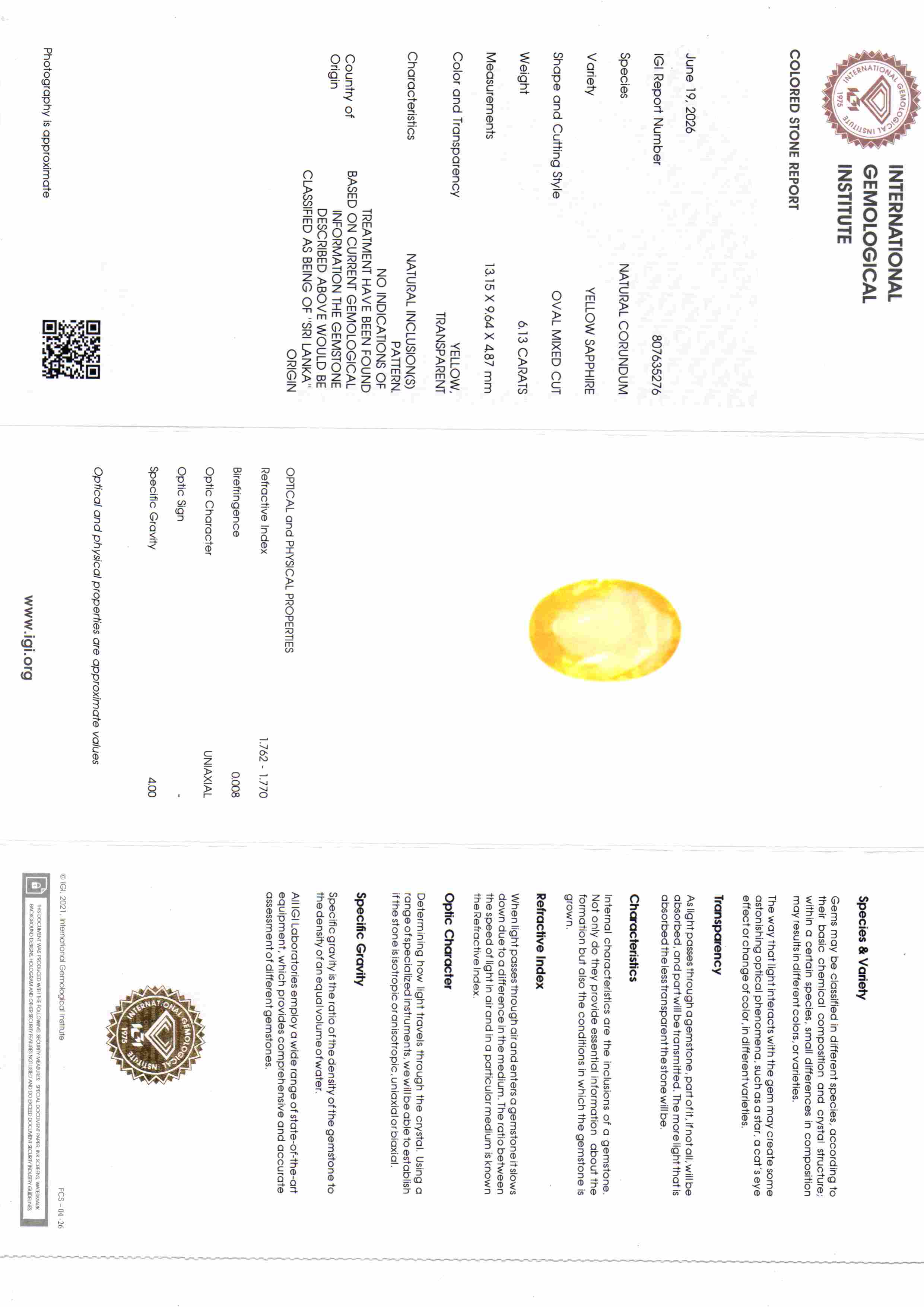 6.13 Ct IGI Certified Unheated Natural Ceylon Yellow Sapphire Pukhraj – 6.73 Ratti
