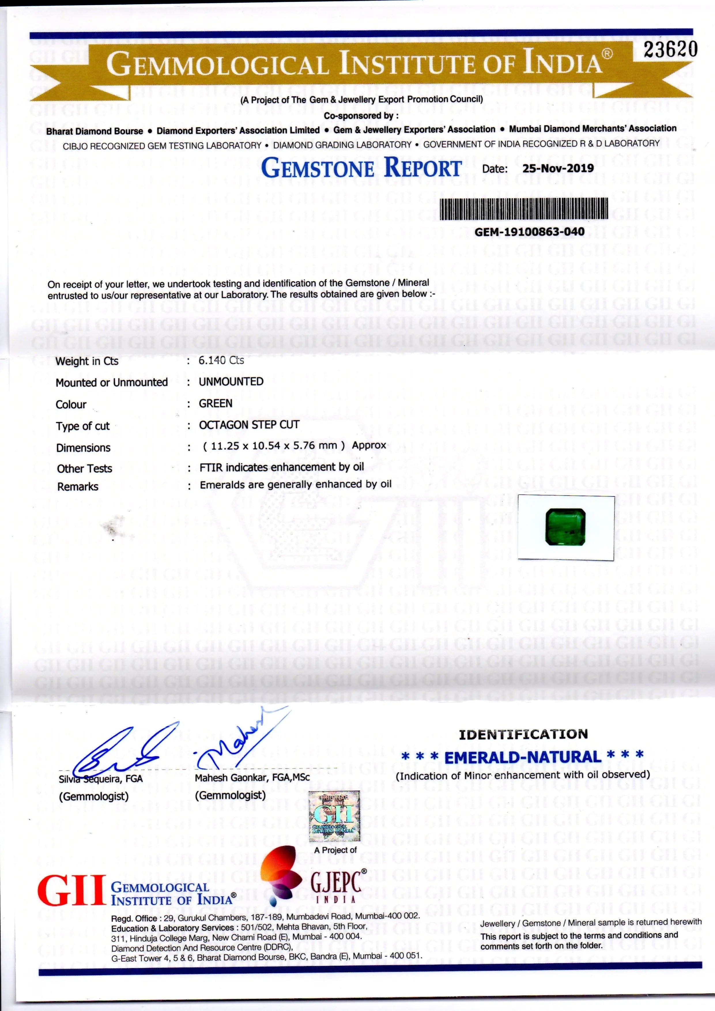 6.14 Ct GII Certified Untreated Natural Zambian Emerald Gems AAA