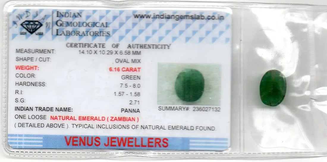 6.16 Ct Certified Untreated Natural Zambian Emerald Panna Gemstone - Venus Gems