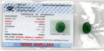 6.16 Ct Certified Untreated Natural Zambian Emerald Panna Gemstone - Venus Gems