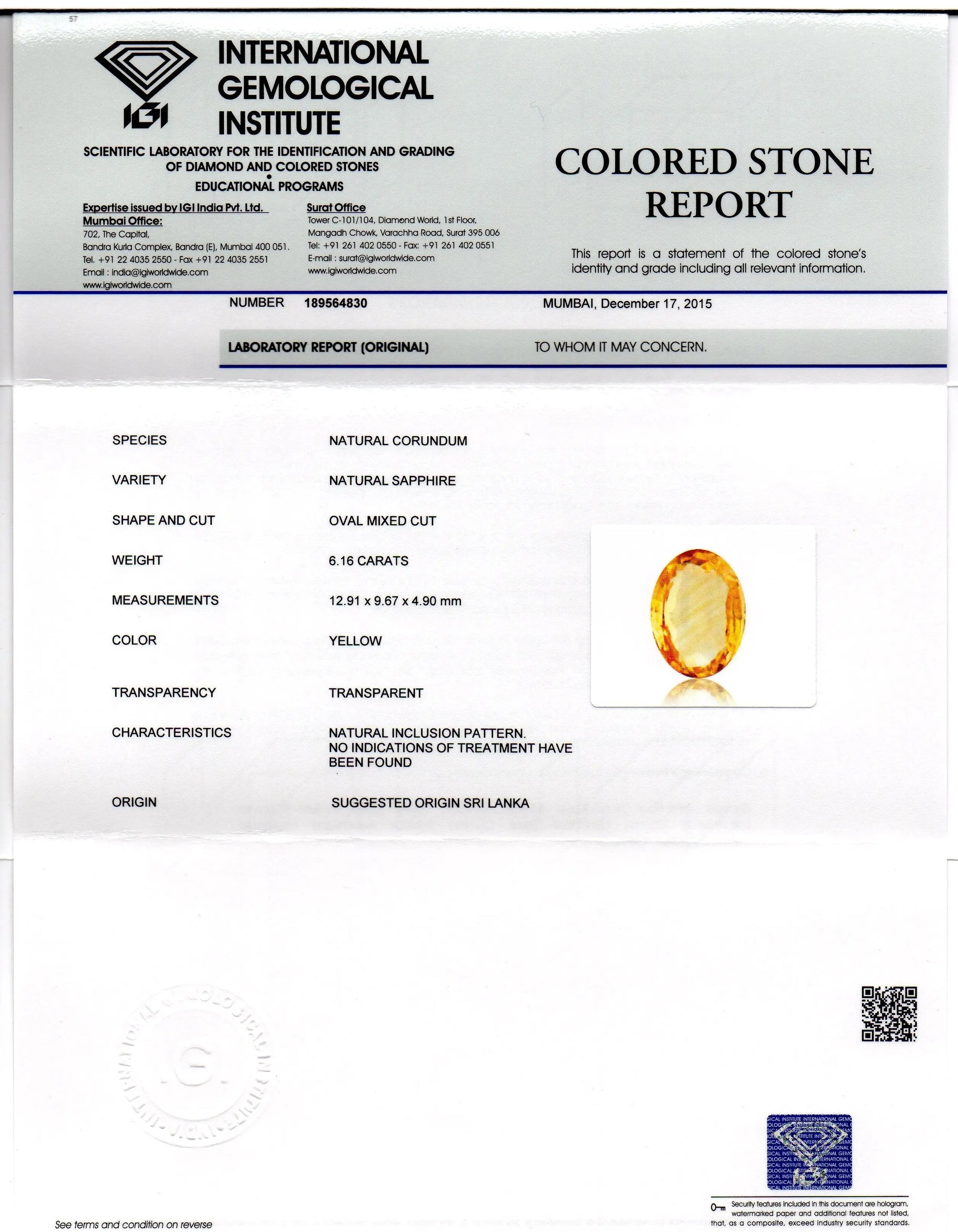 6.16 Ct 10.25 Ratti Unheated Untreated Natural Ceylon Yellow Sapphire