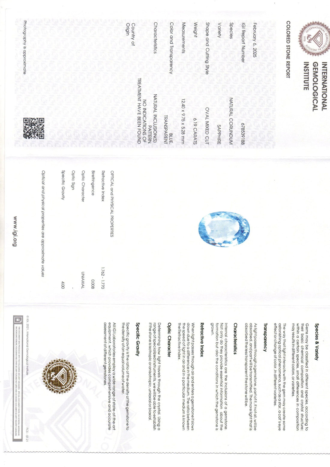6.19 Ct IGI Certified Unheated Untreated Natural Ceylon Blue Sapphire - Venus Gems