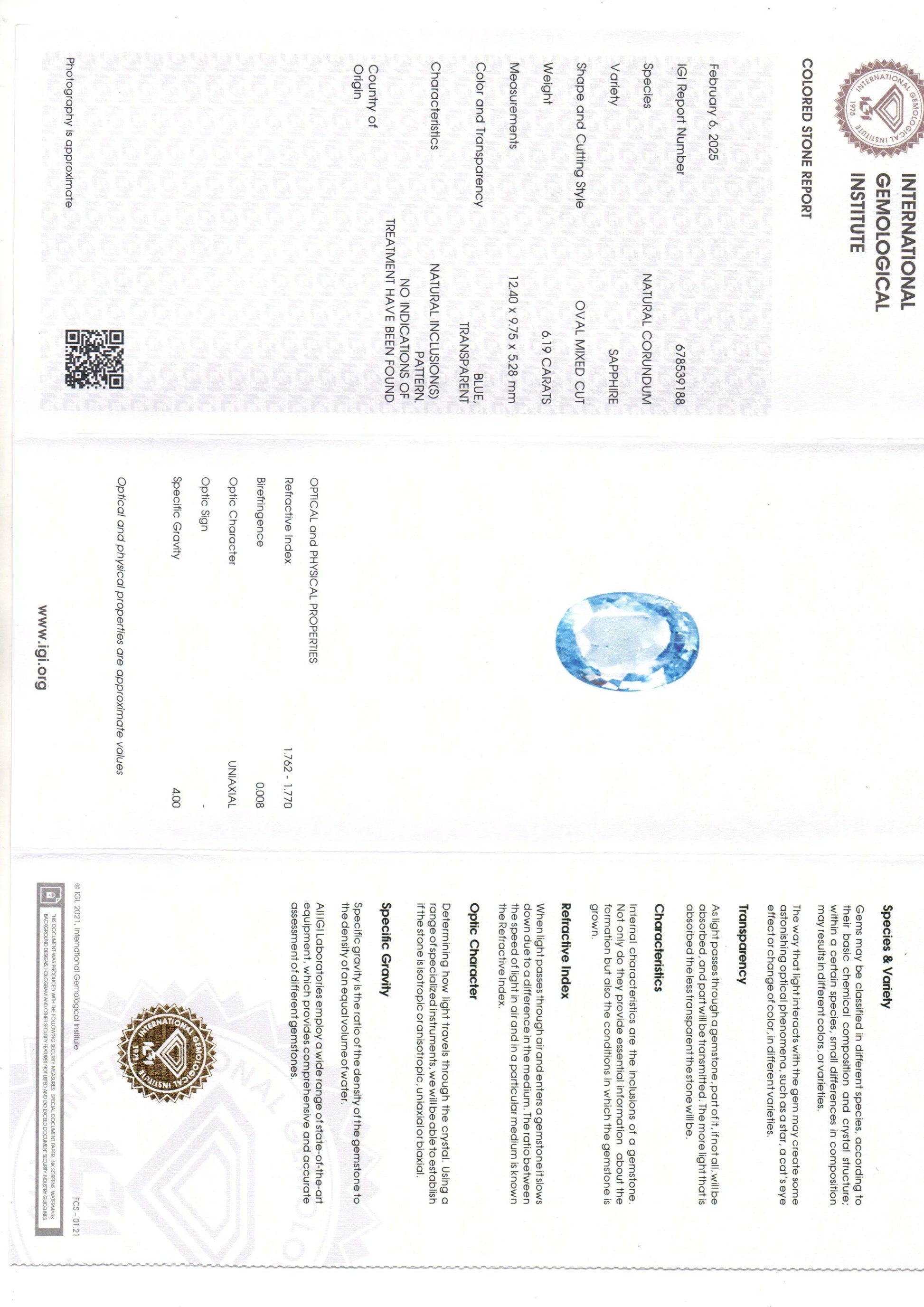 6.19 Ct IGI Certified Unheated Untreated Natural Ceylon Blue Sapphire - Venus Gems