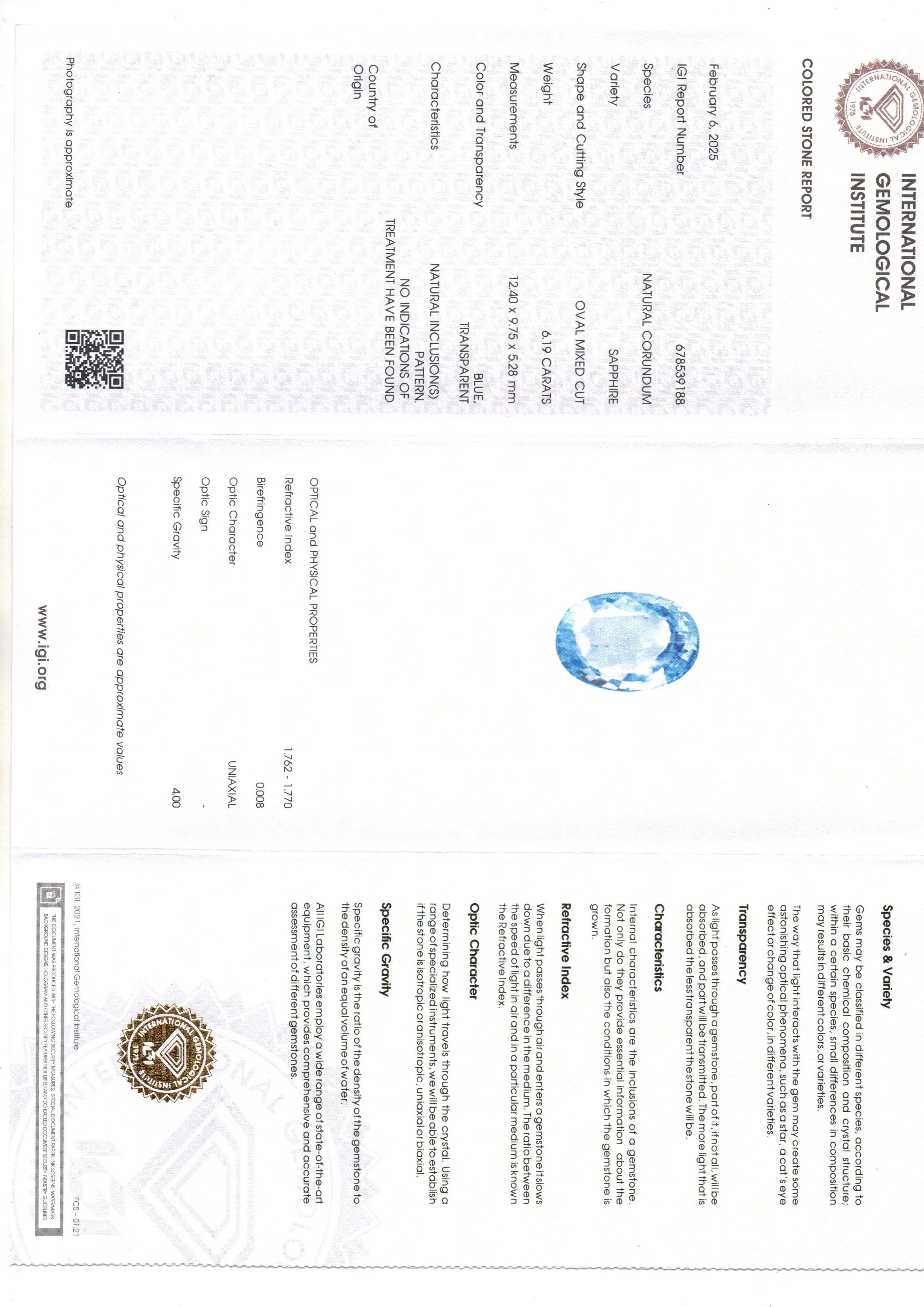 6.19 Ct IGI Certified Unheated Untreated Natural Ceylon Blue Sapphire - Venus Gems