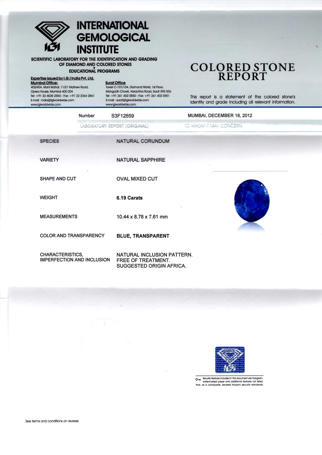 6.19 Ct IGI Certified Unheated Natural Madagaskar Blue Sapphire