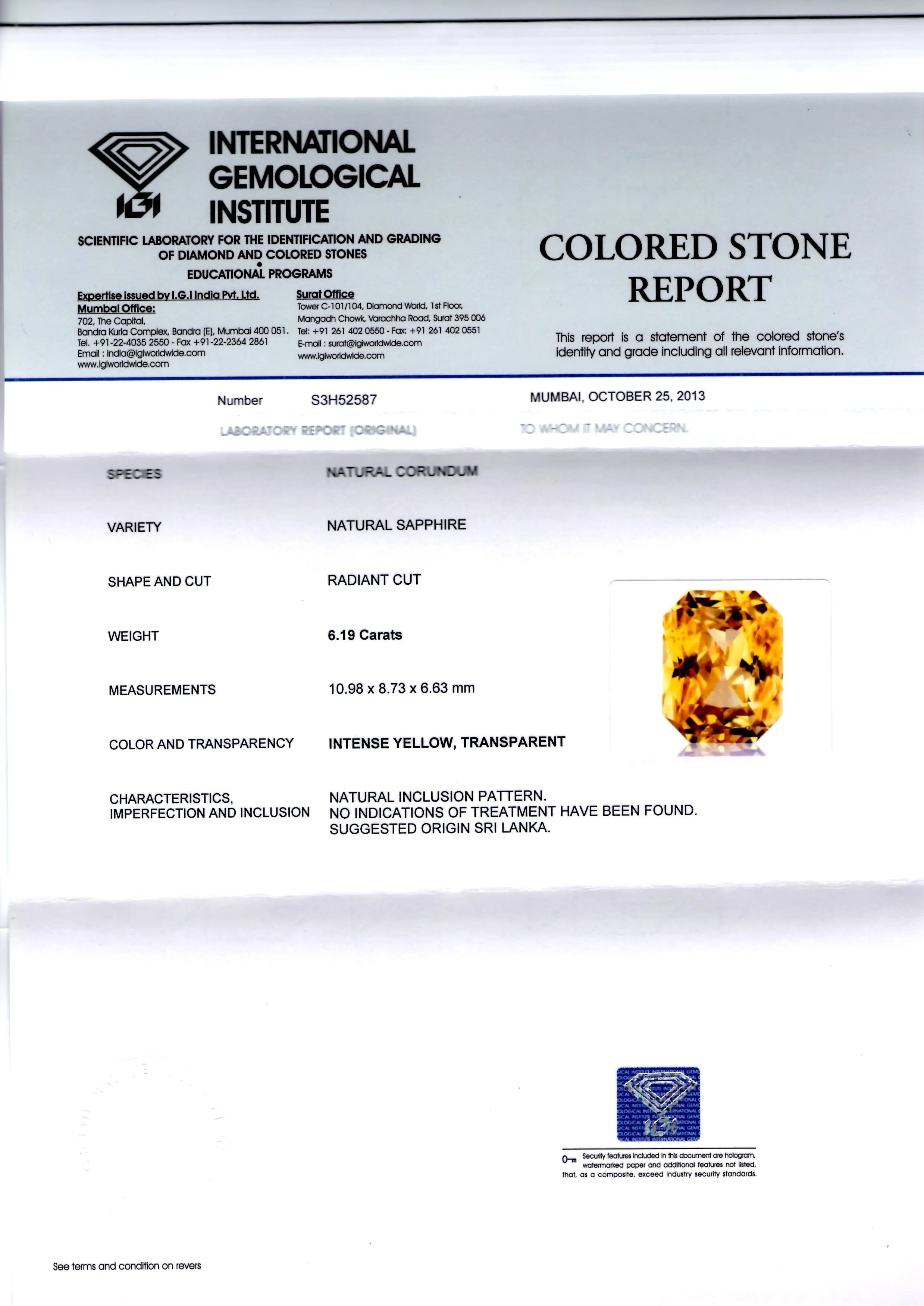 6.19 Ct Certified Unheated Untreated Flawless Radiant Cut Natural Ceylon Yellow Sapphire