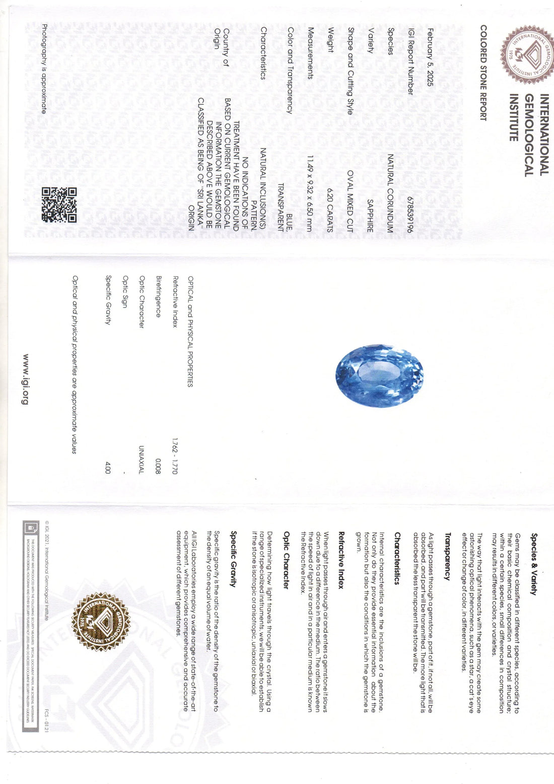 6.20 Ct IGI Certified Unheated Untreated Natural Ceylon Blue Sapphire - Venus Gems
