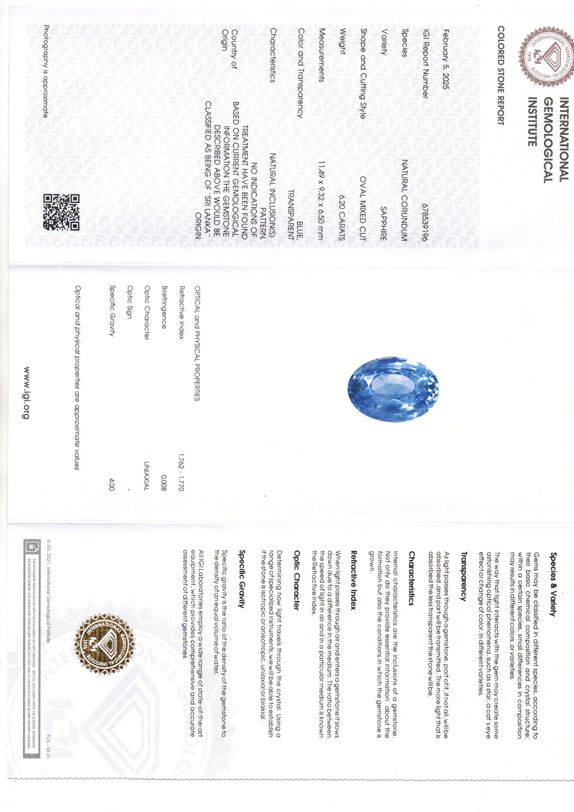 6.20 Ct IGI Certified Unheated Untreated Natural Ceylon Blue Sapphire - Venus Gems