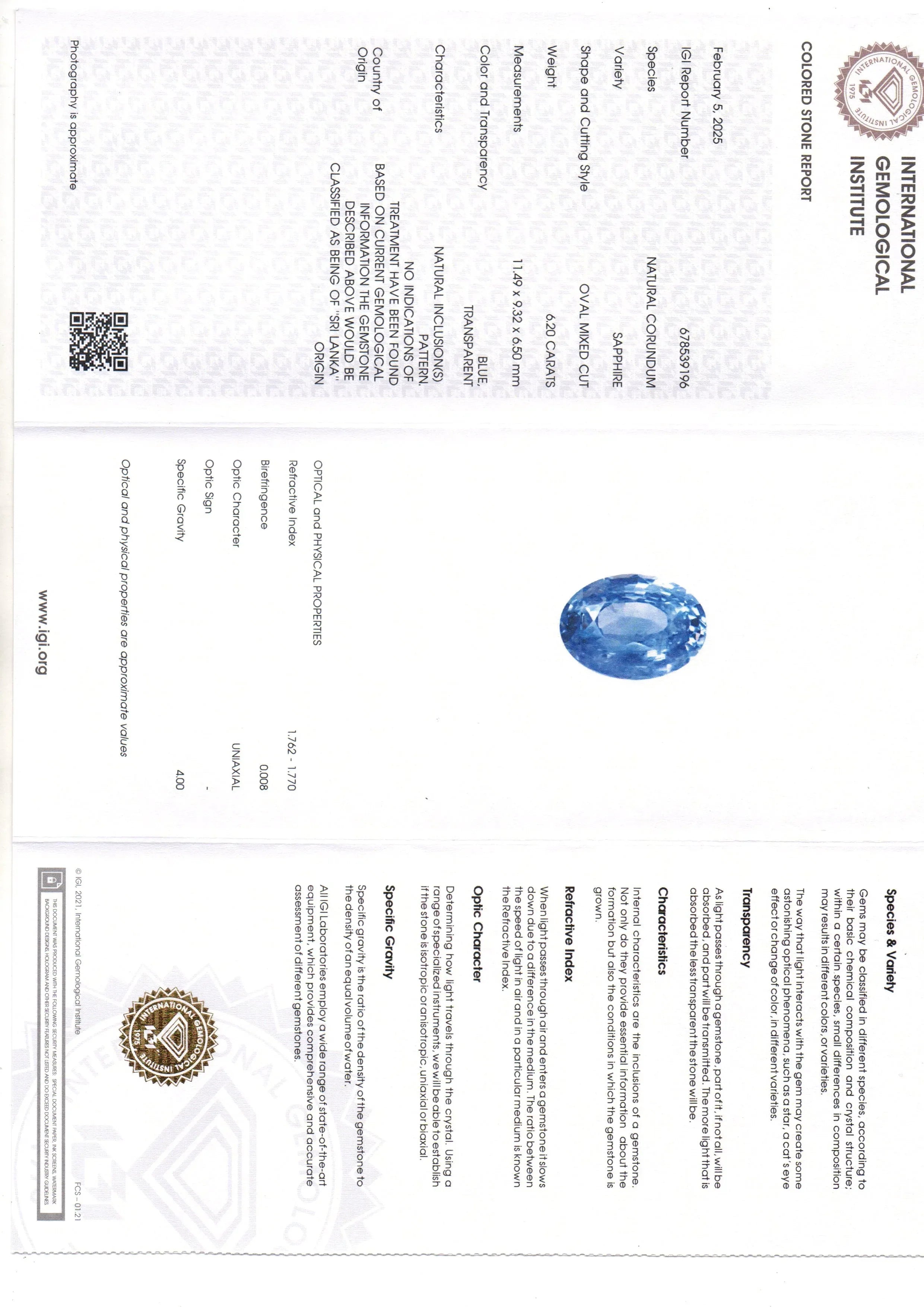 6.20 Ct IGI Certified Unheated Untreated Natural Ceylon Blue Sapphire - Venus Gems