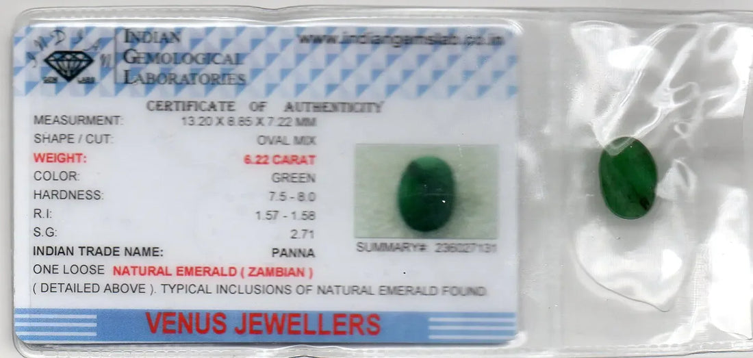 6.22 Ct Certified Untreated Natural Zambian Emerald Panna Gemstone - Venus Gems