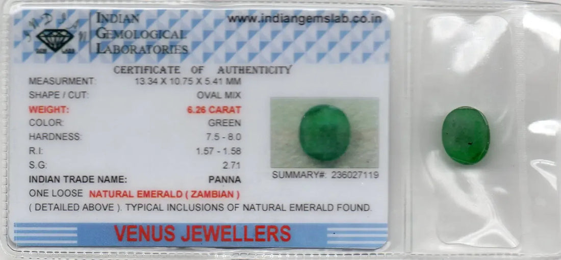 6.26 Ct Certified Untreated Natural Zambian Emerald Panna Gemstone - Venus Gems
