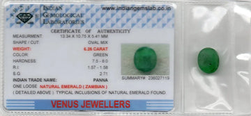 6.26 Ct Certified Untreated Natural Zambian Emerald Panna Gemstone - Venus Gems