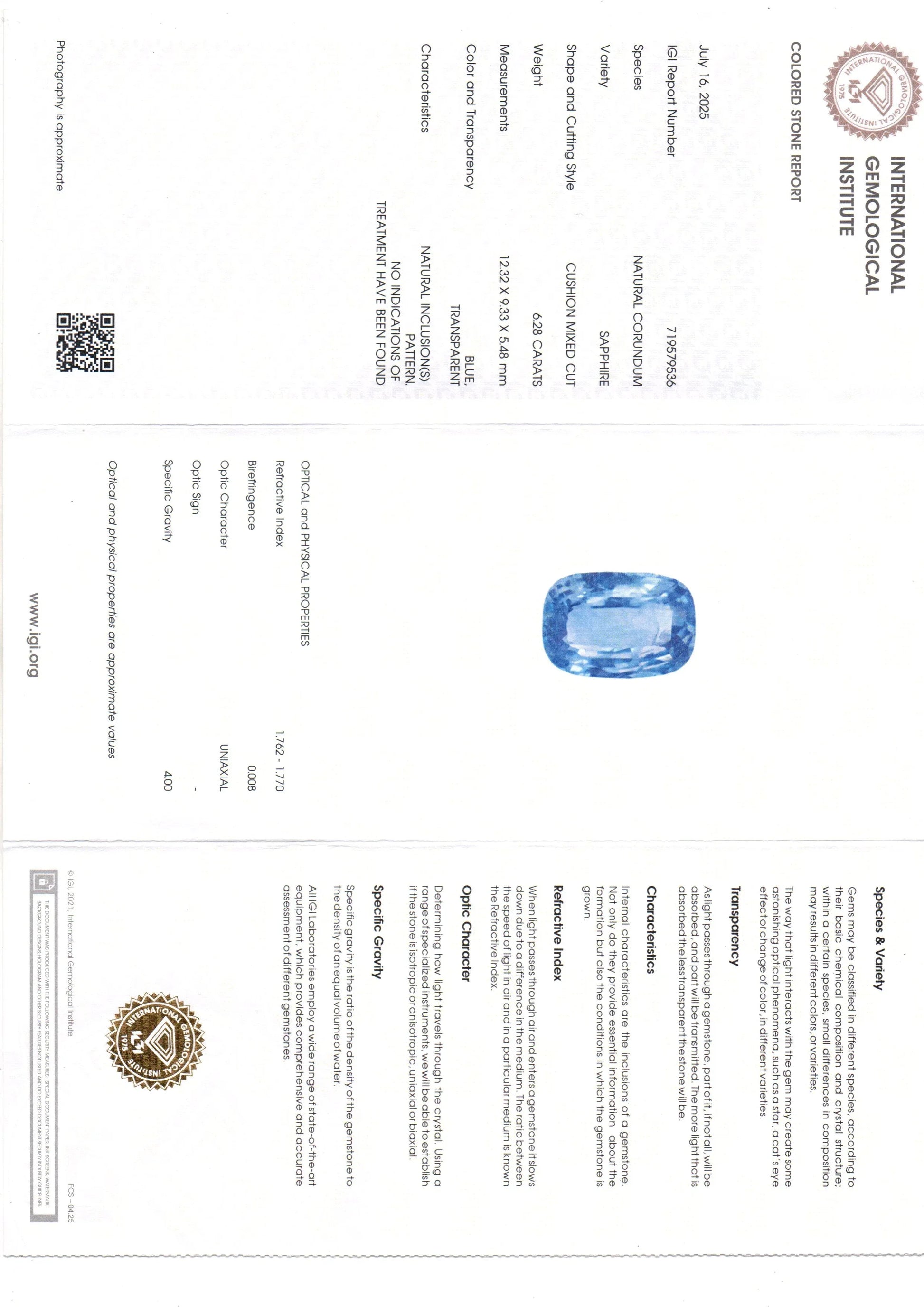 6.28 Ct IGI Certified Unheated Untreated Natural Ceylon Blue Sapphire - Venus Gems