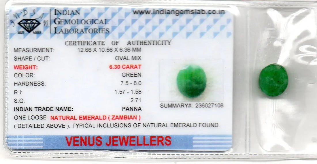 6.30 Ct Certified Untreated Natural Zambian Emerald Panna Gemstone - Venus Gems