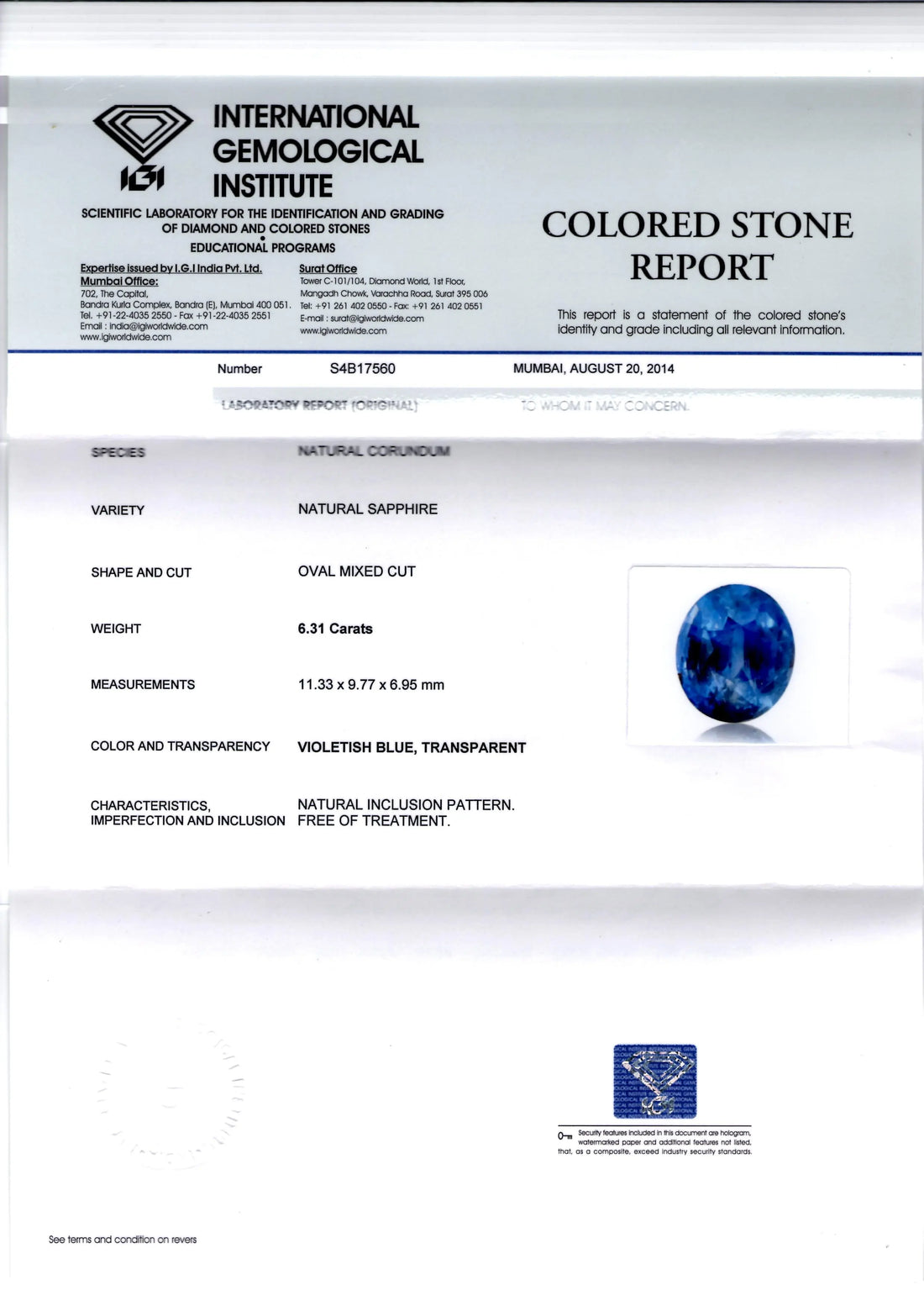 6.31 Ct IGI Certified Unheated Untreated Natural Ceylon Deep Blue Sapphire