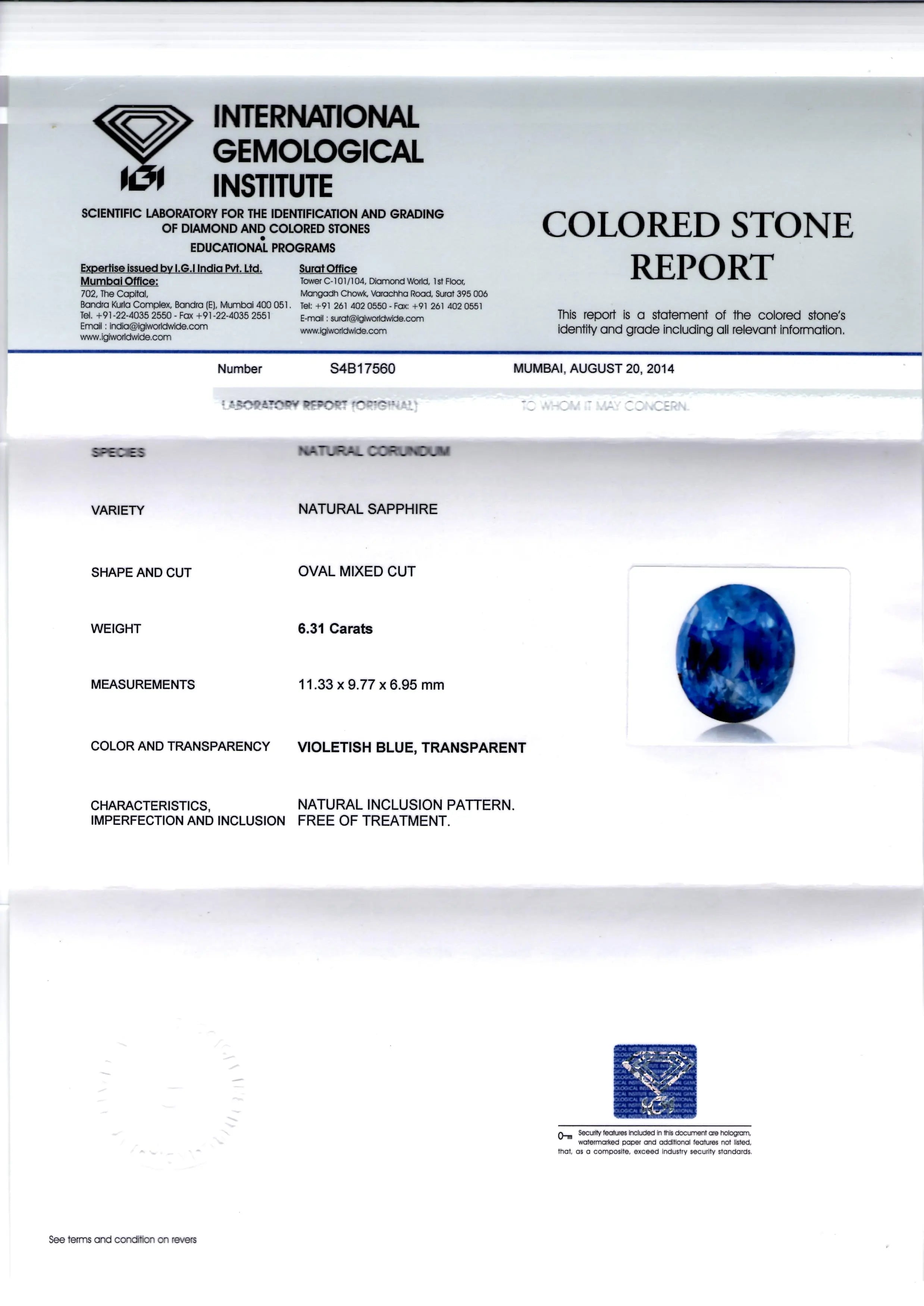 6.31 Ct IGI Certified Unheated Untreated Natural Ceylon Deep Blue Sapphire