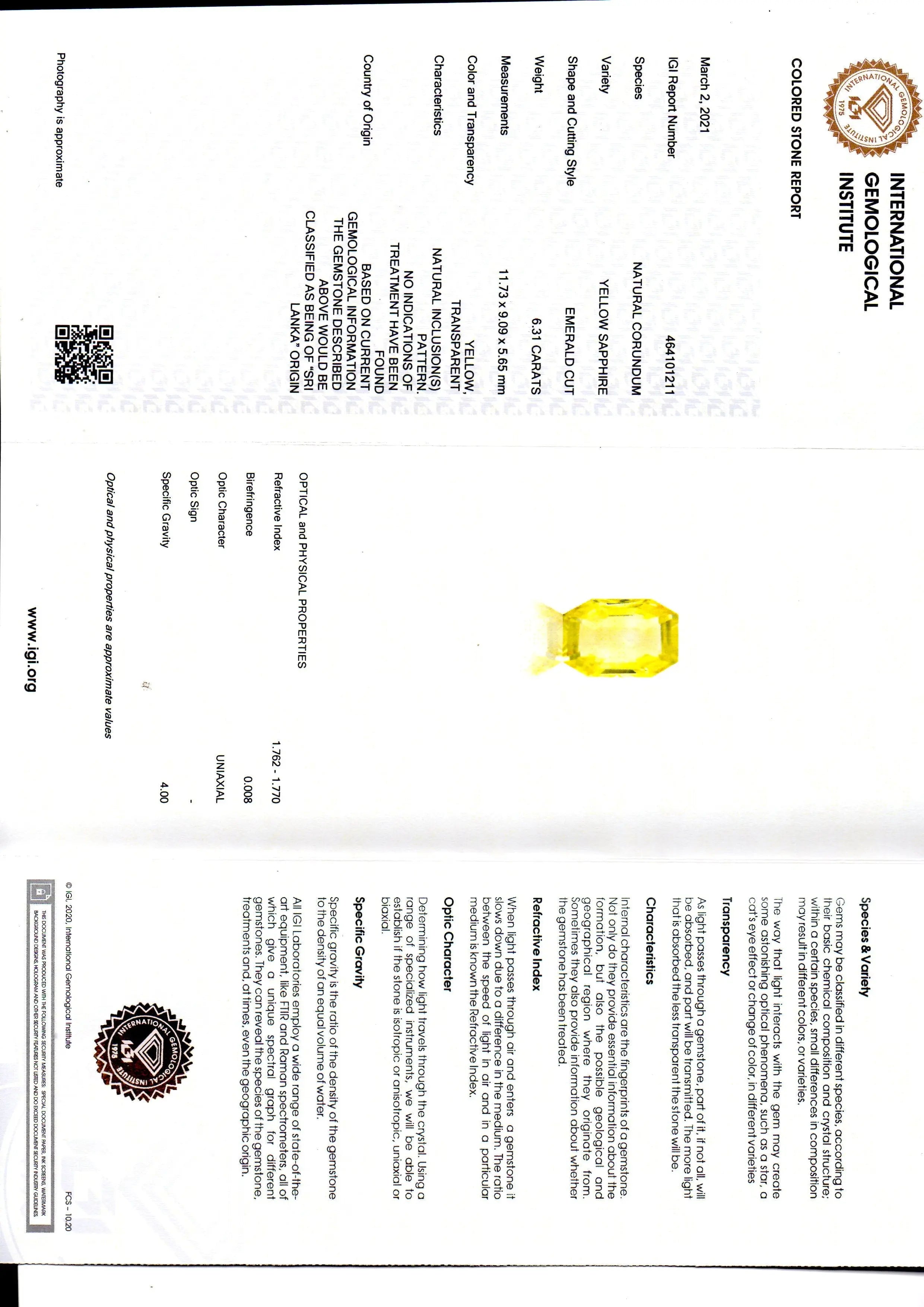 6.31 Ct IGI Certified Unheated Untreated Natural Ceylon Yellow Sapphire