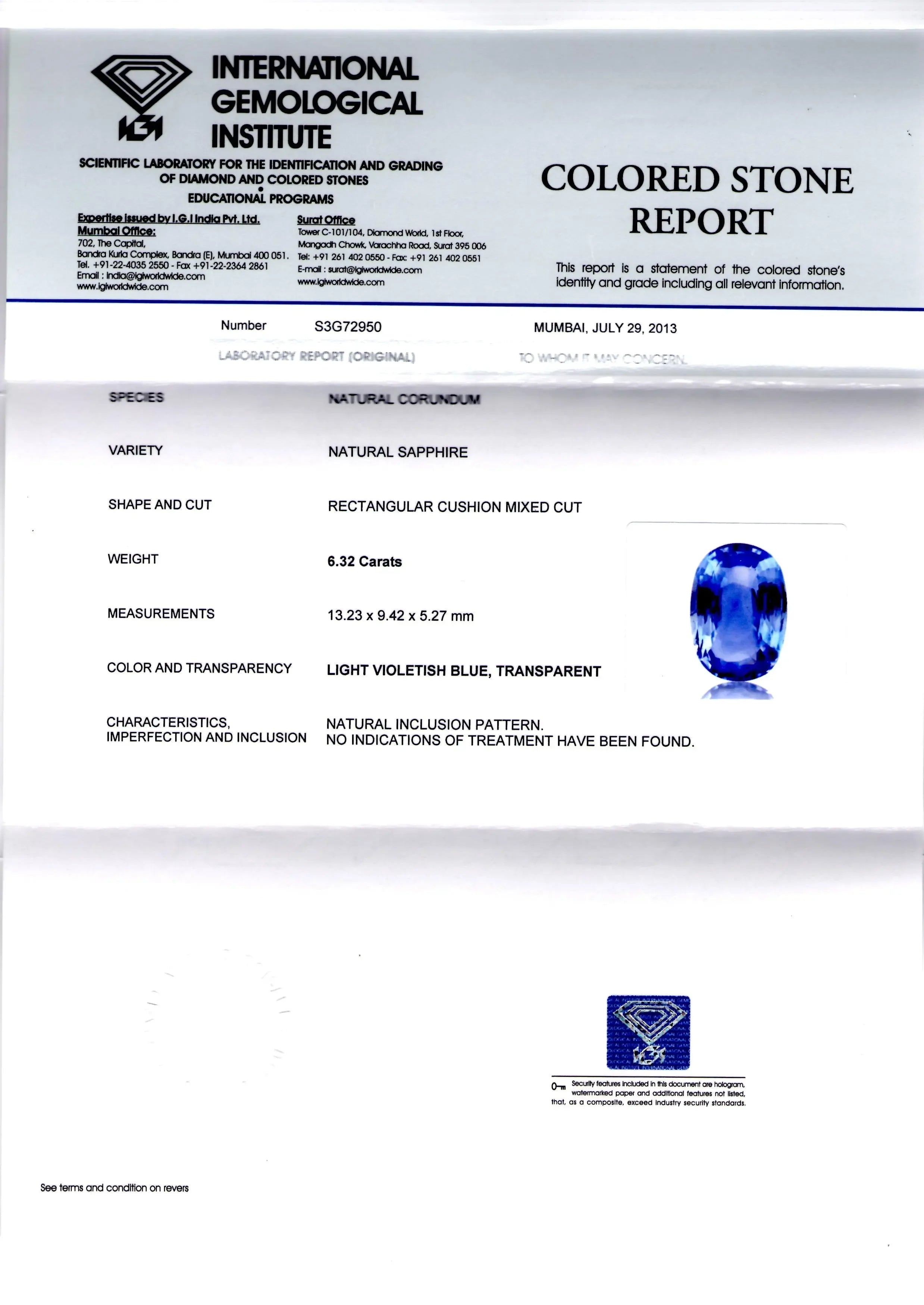 6.32 Ct IGI Certified Unheated Untreated Natural Ceylon Blue Sapphire - Venus Gems
