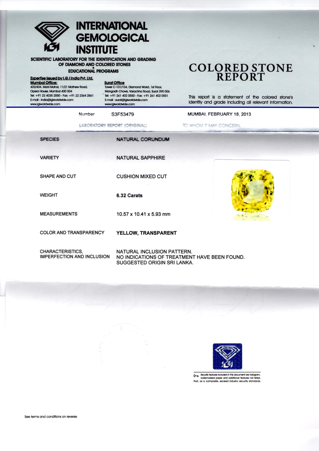 6.32 Ct IGI Certified Unheated Natural Ceylon Yellow Sapphire