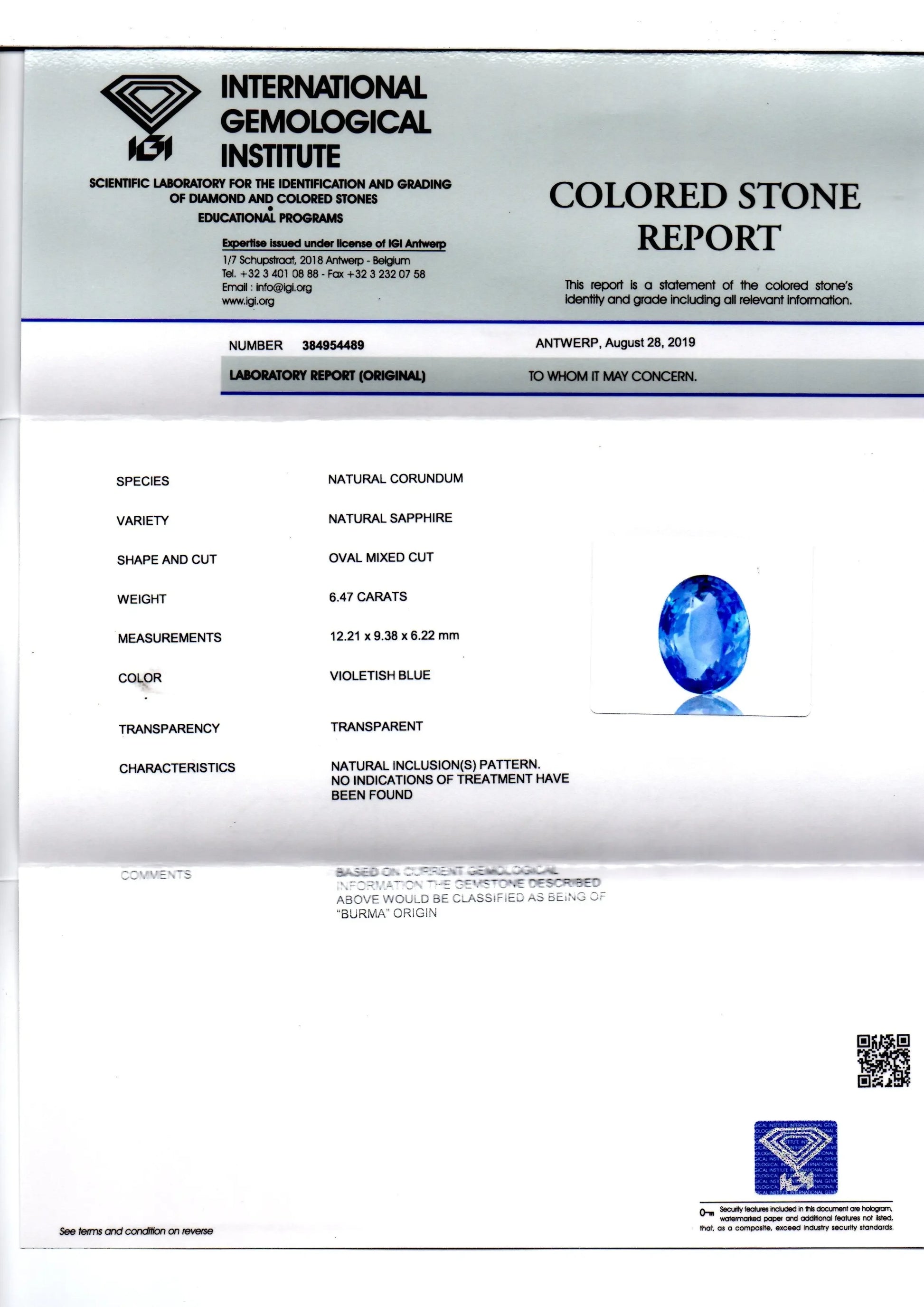 6.47 Ct IGI Certified Unheated Untreated Natural Burma Blue Sapphire - Venus Gems