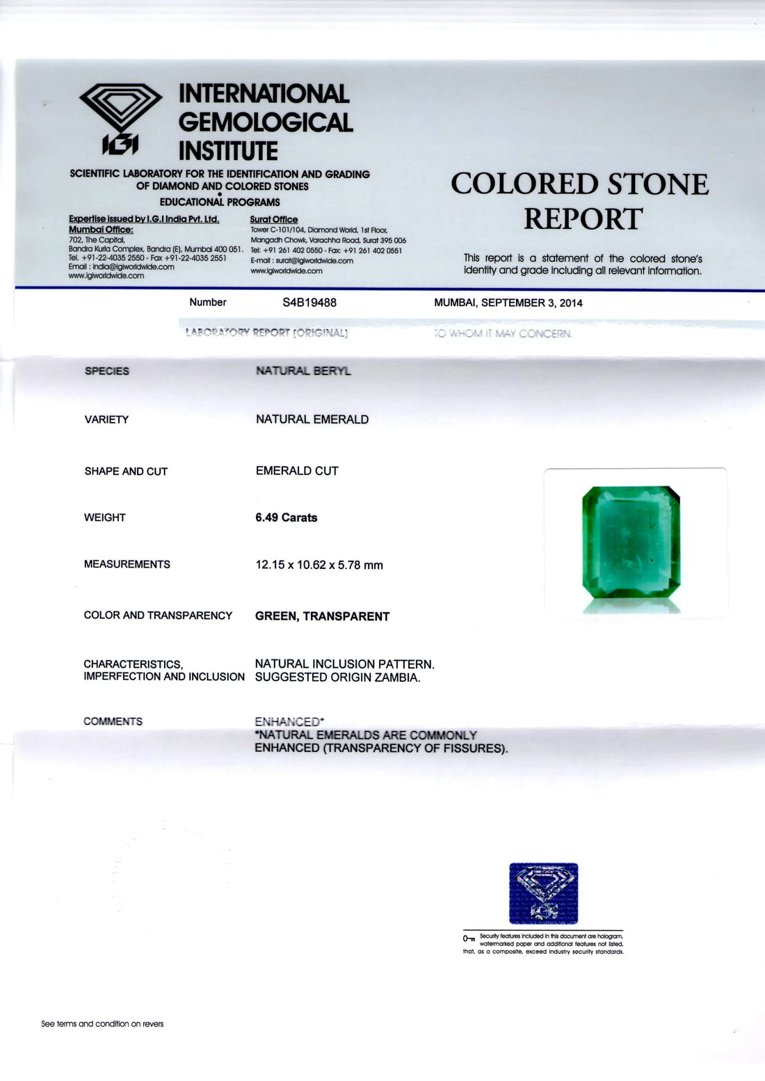 6.49 Ct Certified Untreated Natural Zambian Emerald Gemstone AAA