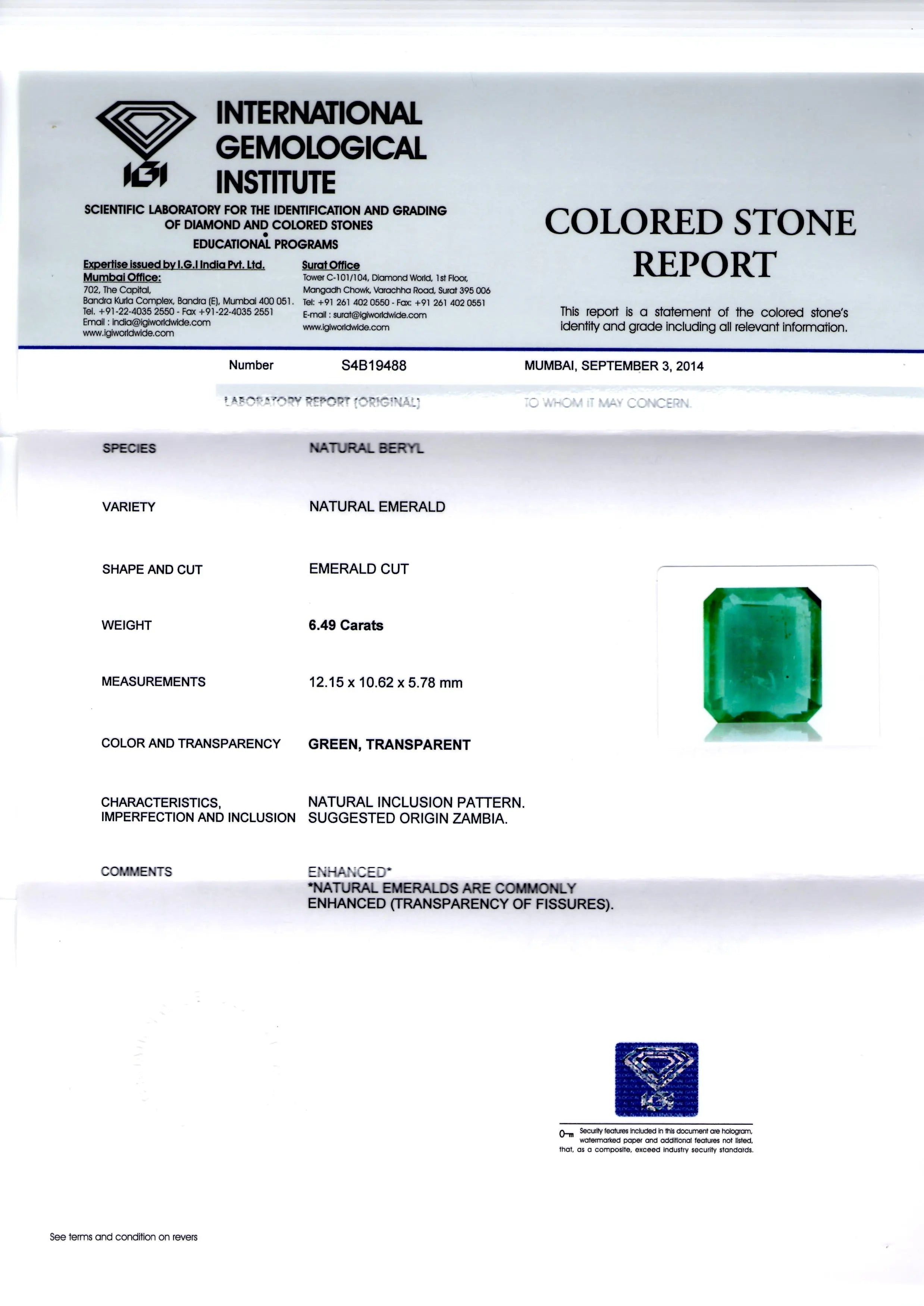 6.49 Ct Certified Untreated Natural Zambian Emerald Gemstone AAA